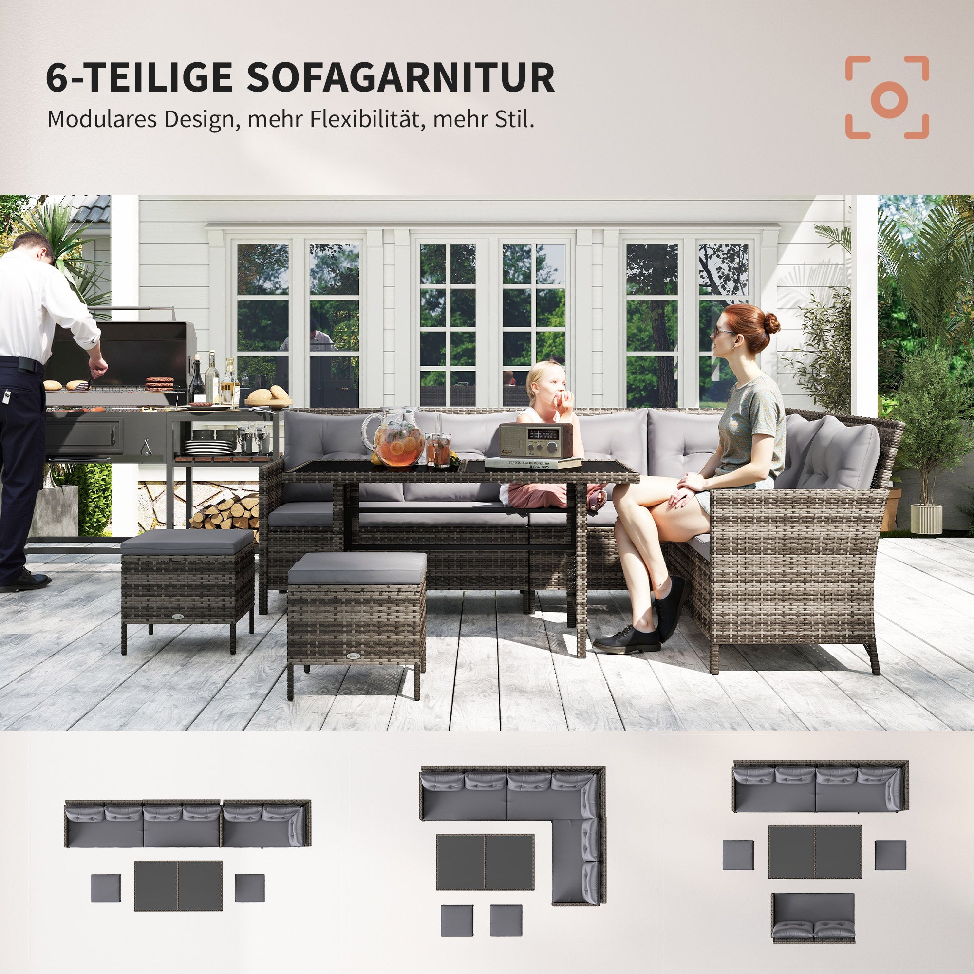 6-piece seating group garden set sofa set patio furniture set lounge, polyrattan, gray