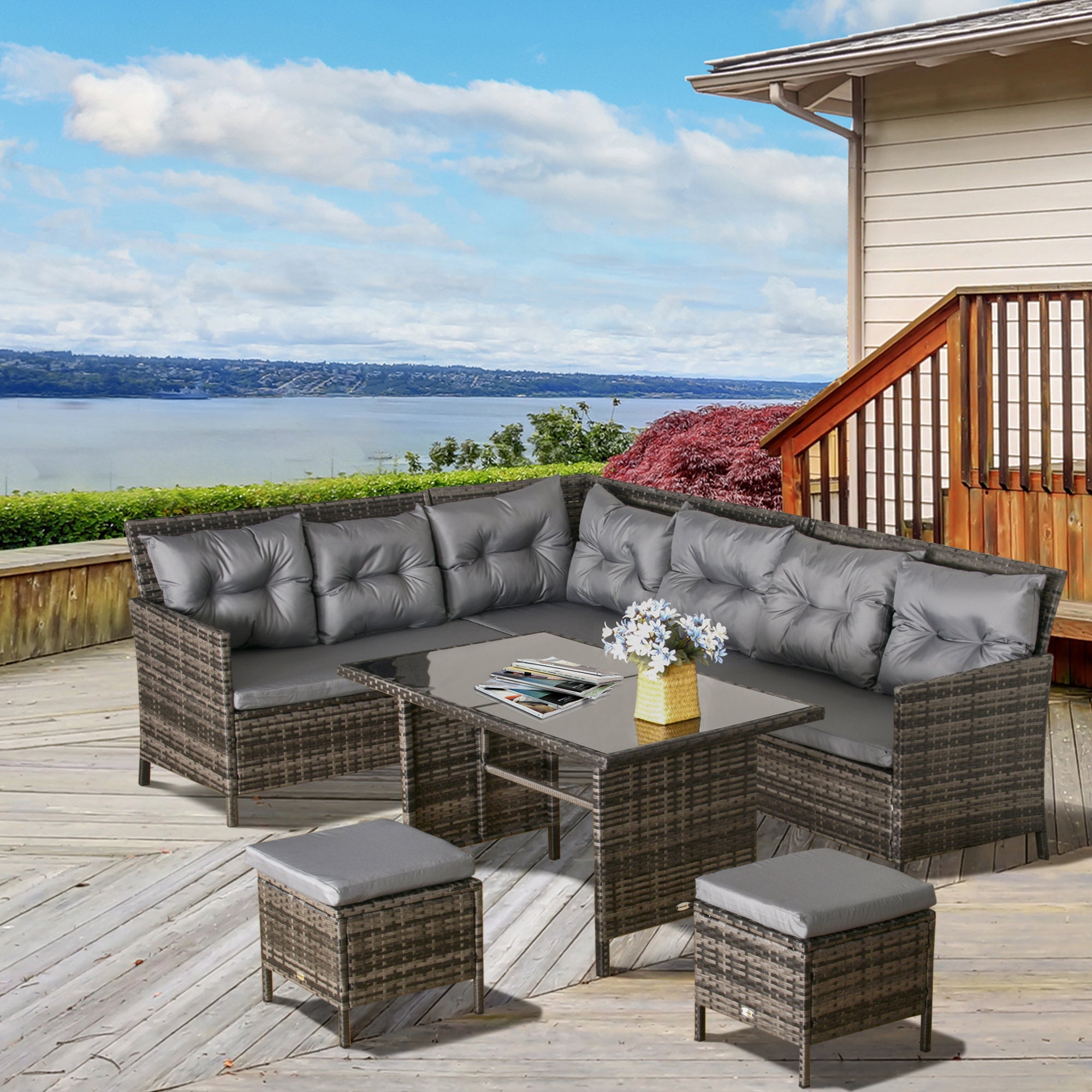 6-piece seating group garden set sofa set patio furniture set lounge, polyrattan, gray