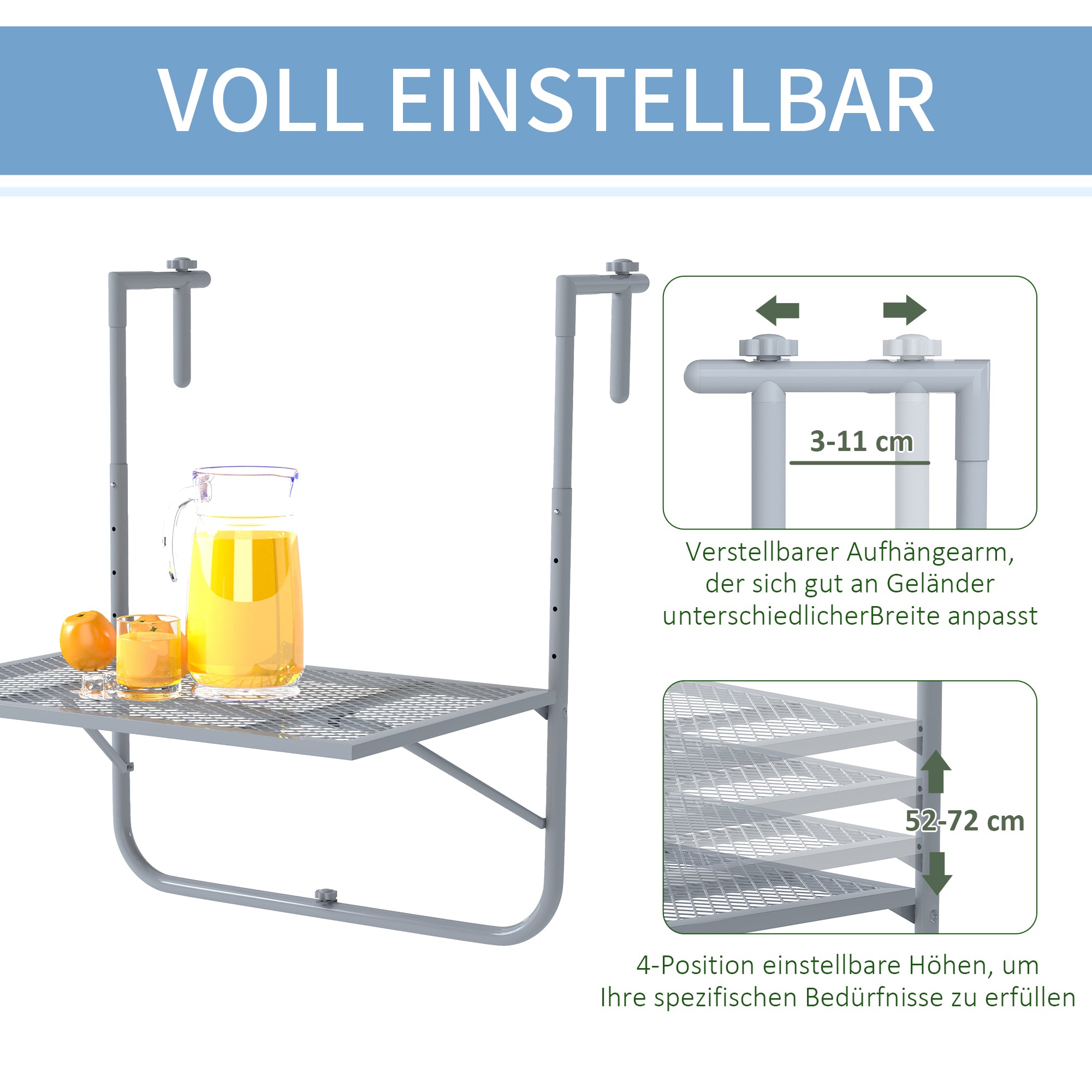 Foldable Hanging Balcony Table – 4-Position Height-Adjustable Metal Clamp-On Railing Table, Weather-Resistant, 23.6 x 15.7 in (60 x 40 cm), Gray