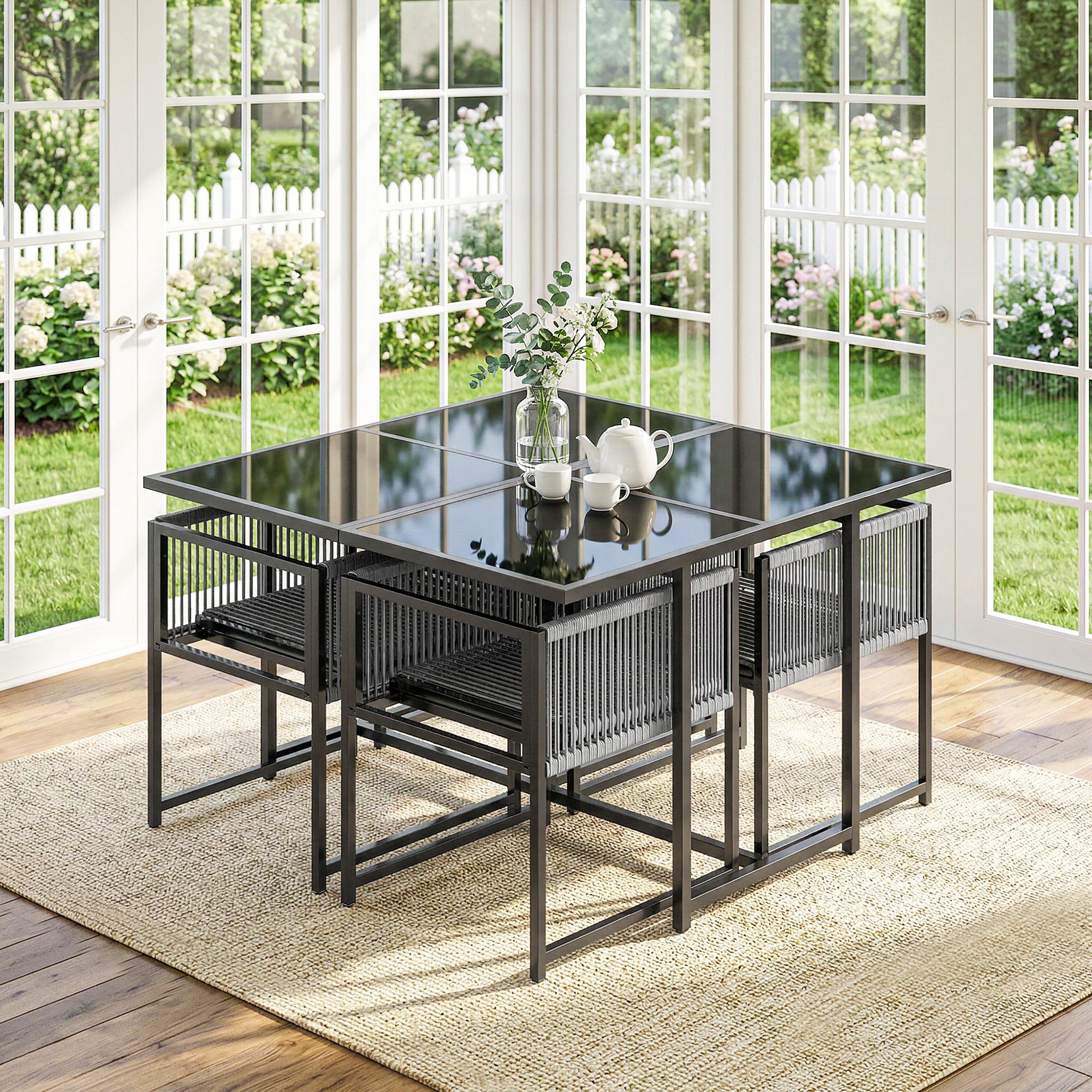5-Piece Outdoor Dining Set - Square Tempered Glass Table with 4 Breathable Folding Rope Chairs, Space-Saving, Light Gray