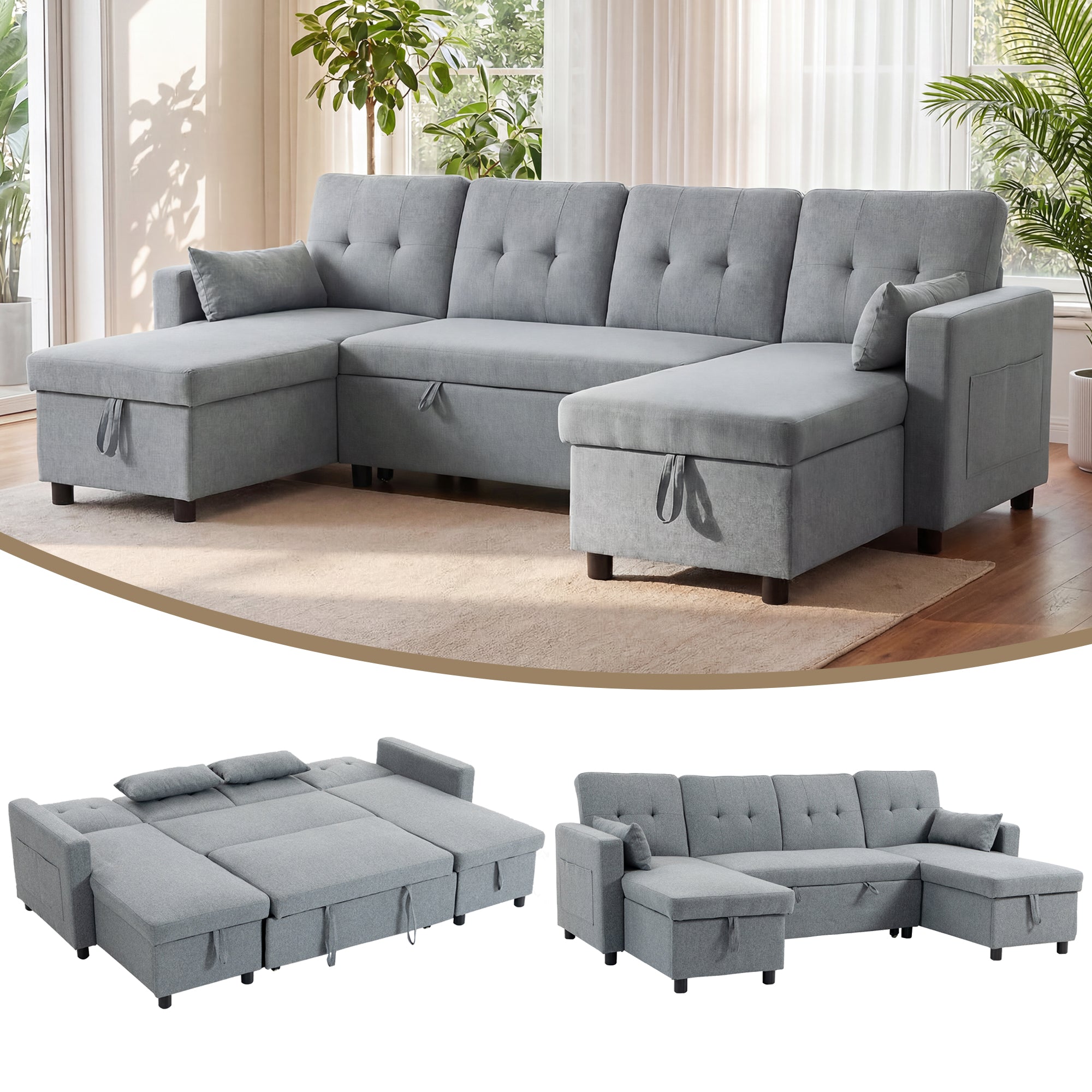 U-Shaped 4-Seater Sectional Sofa Bed with Storage — 3-in-1 Convertible Couch with Chaise, Adjustable Backrests, Linen-Look, Gray