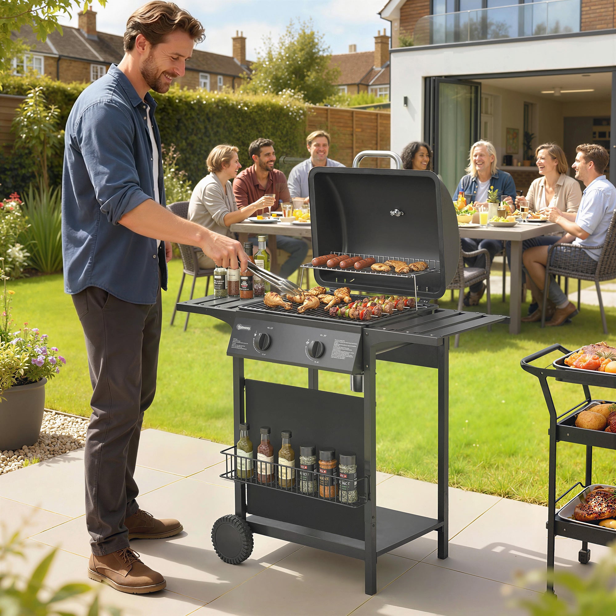Gas Grill 5 kW 2-Burner BBQ Grill Cart, Stainless Steel — Side Table, Lower Shelf, Front Cover, Thermometer, Enamel Grate, Warming Rack, Drip Tray, Wheels