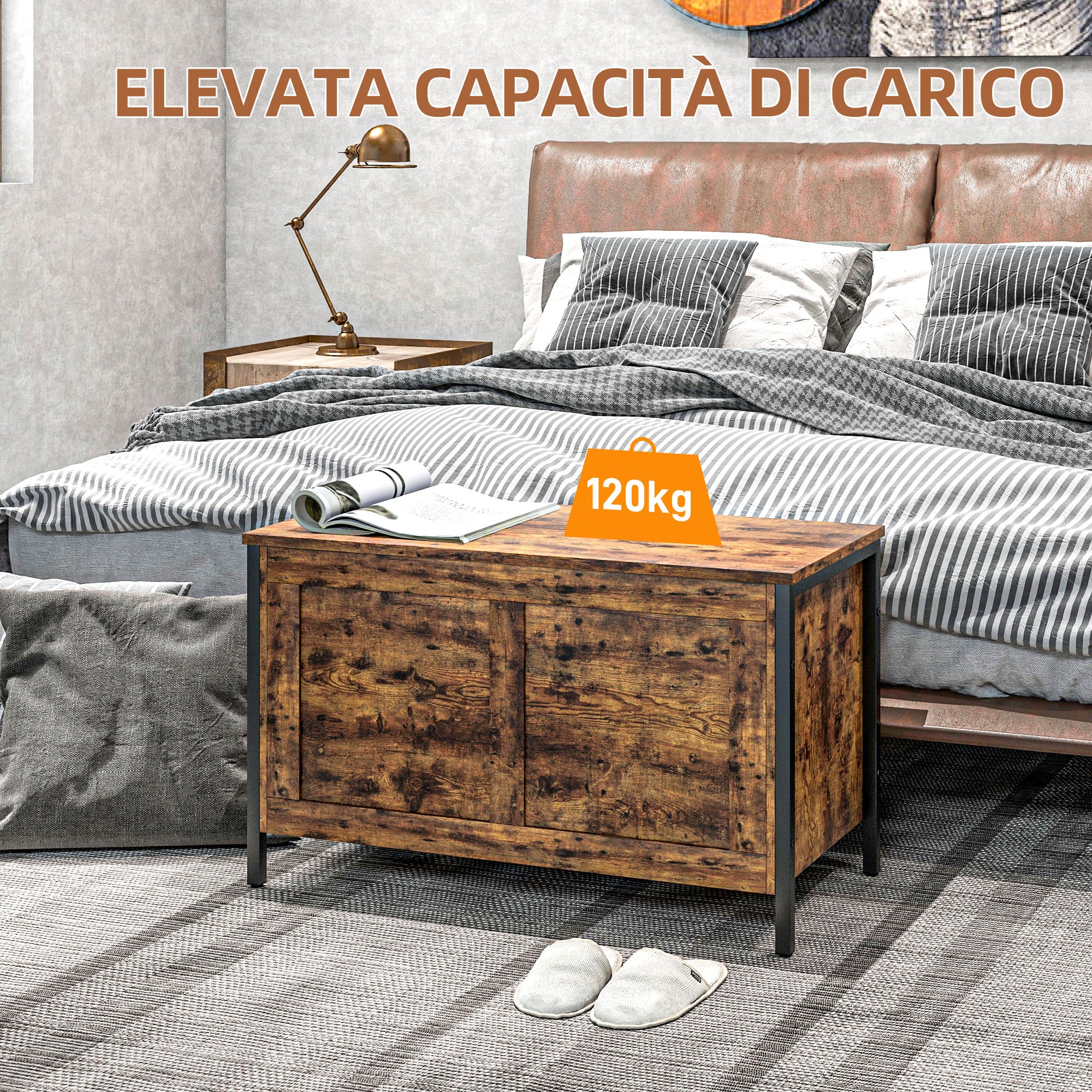 95L Industrial Style Storage Chest with Safety Hinged Lid, Multi-Purpose Storage Bench for Living Room and Entryway, 80x40x49cm, Rustic Brown