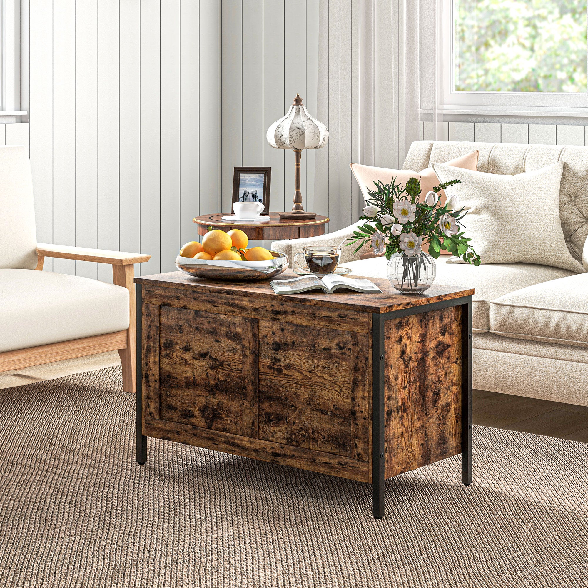 95L Industrial Style Storage Chest with Safety Hinged Lid, Multi-Purpose Storage Bench for Living Room and Entryway, 80x40x49cm, Rustic Brown