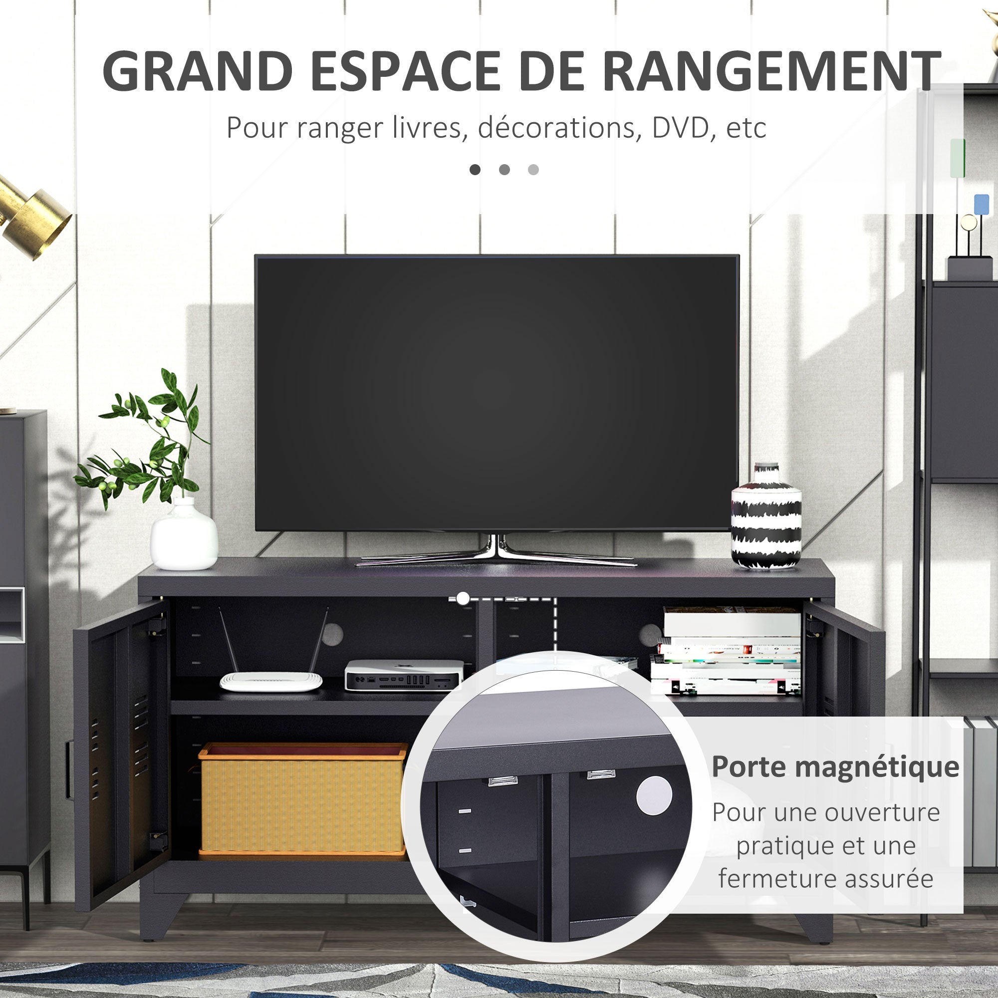 TV Stand, TV Cabinet, Cold-Rolled Steel Structure, 2 Cabinets with 2 Adjustable Shelves, Industrial Design, Television Furniture, Cable Management, 119 x 40 x 63.5 cm, Black