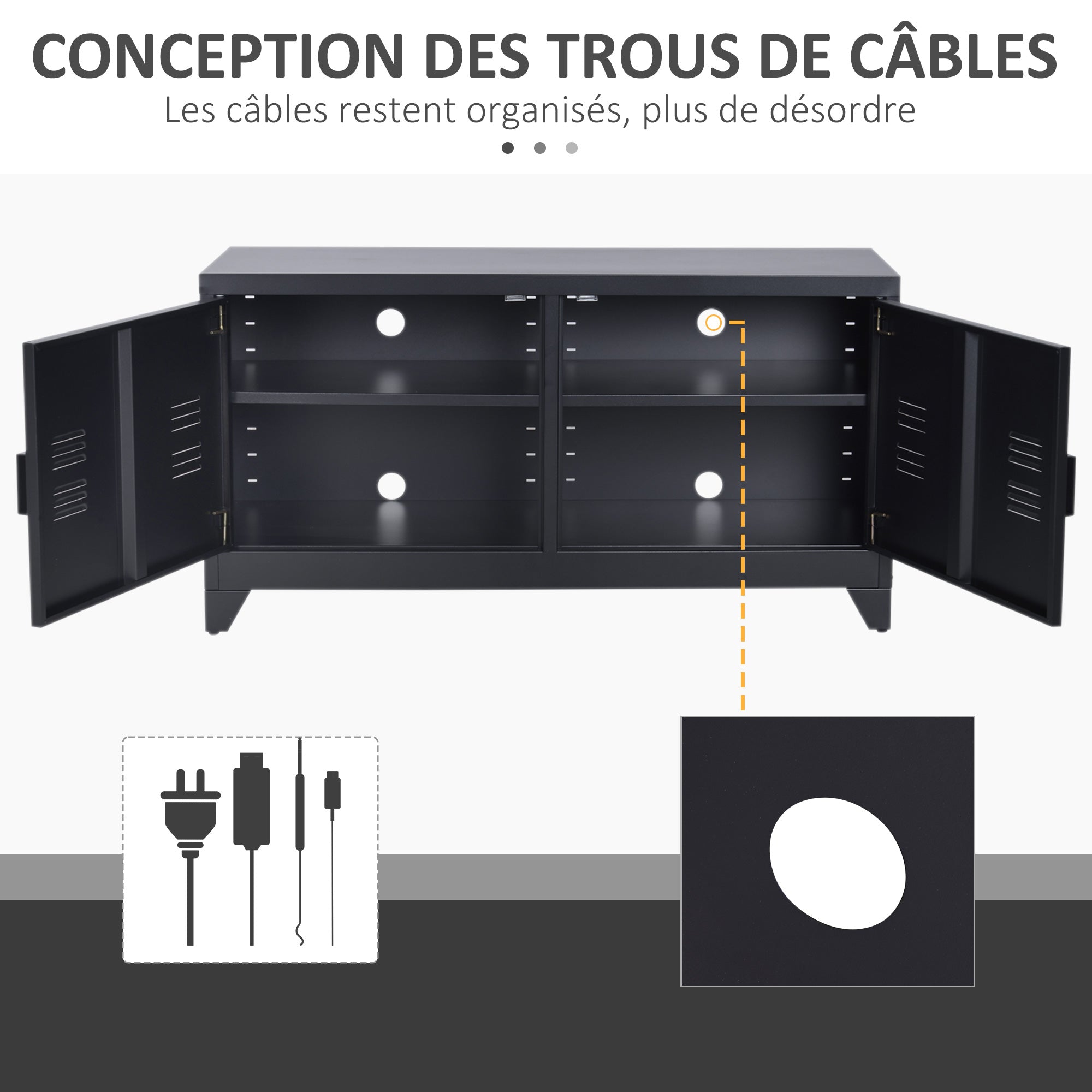 TV Stand, TV Cabinet, Cold-Rolled Steel Structure, 2 Cabinets with 2 Adjustable Shelves, Industrial Design, Television Furniture, Cable Management, 119 x 40 x 63.5 cm, Black