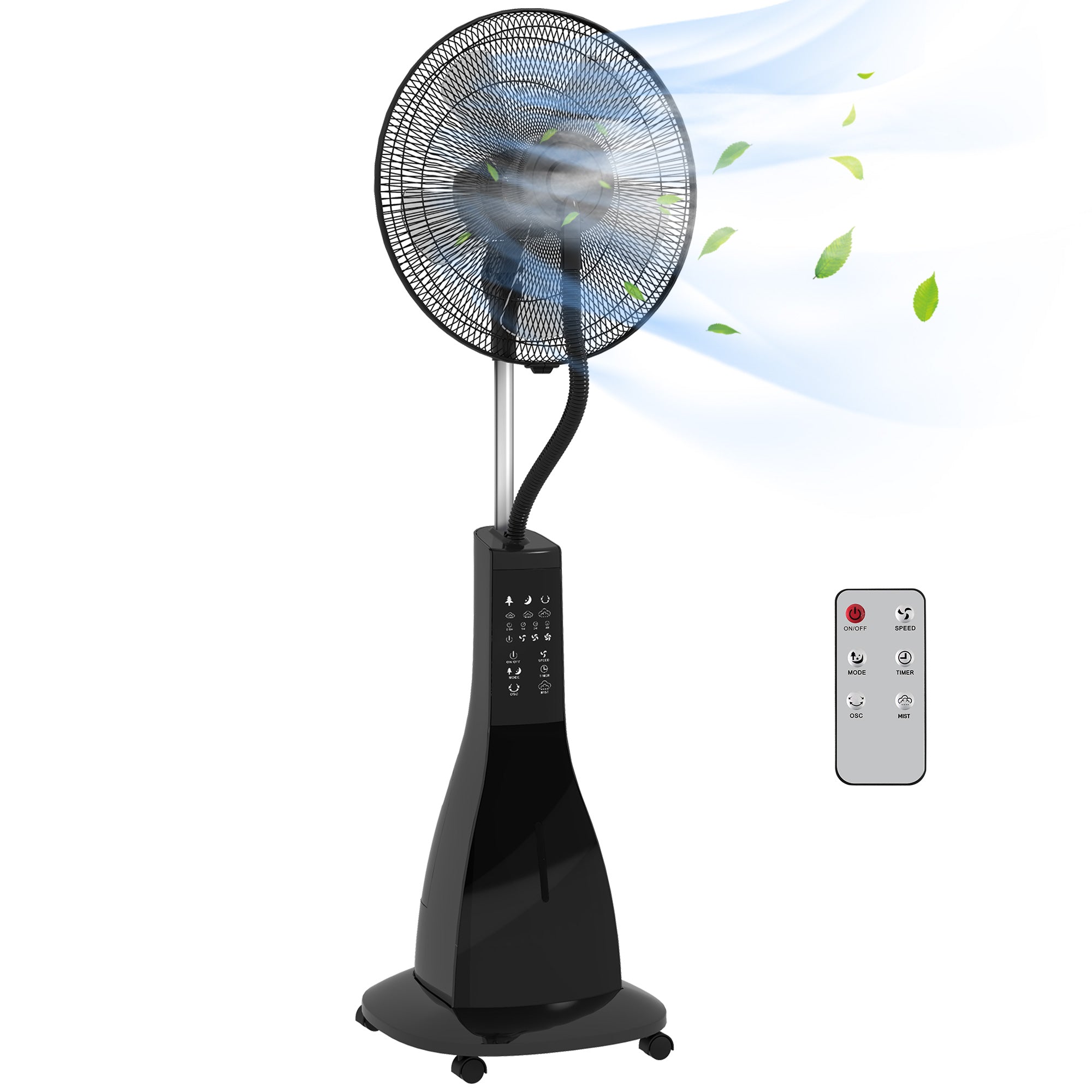 Misting Fan Pedestal Fan with Water Oscillating 90 W Timer 3L Tank Remote Control 3 Speeds 5 Blades and LED Screen Ø44.5 cm Black
