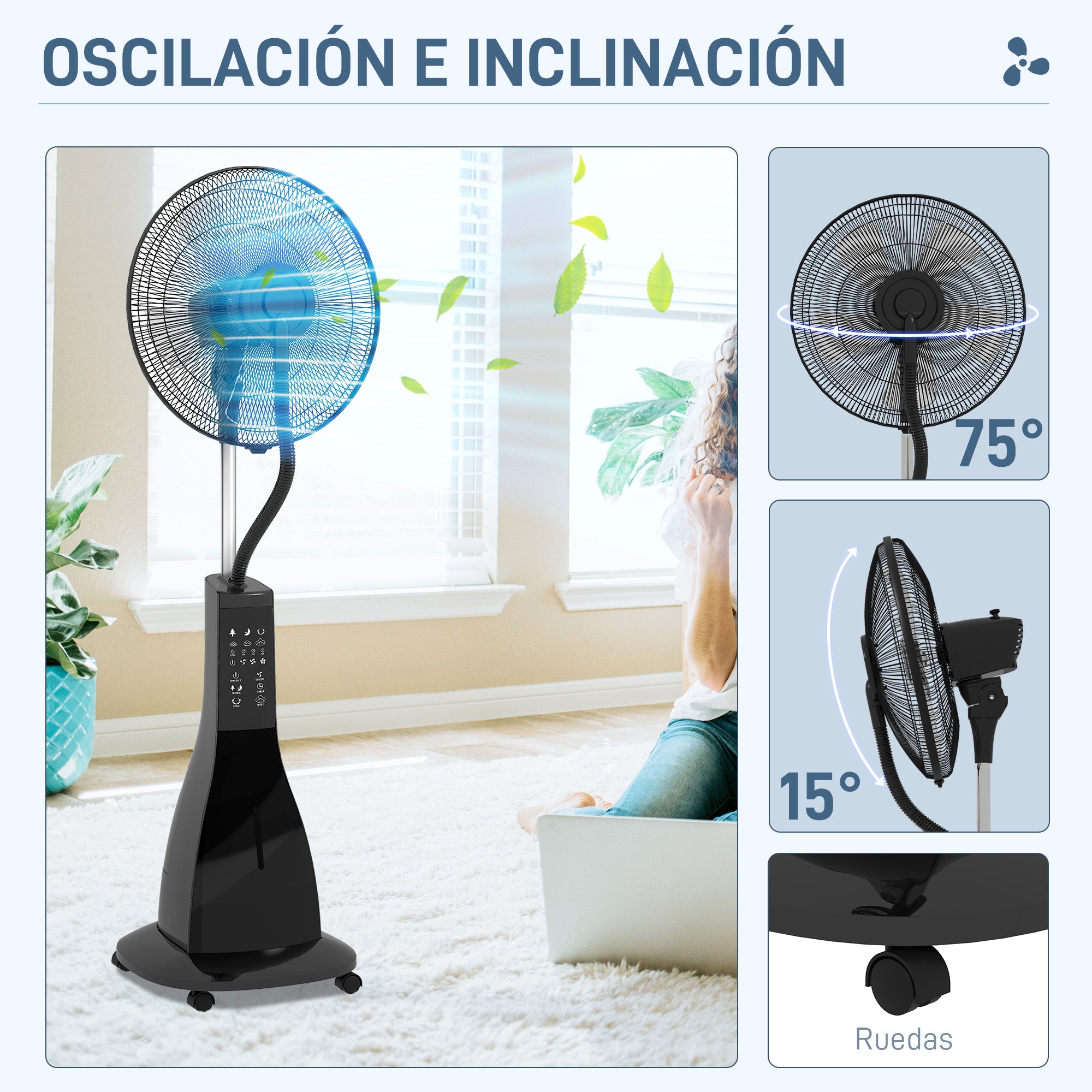 Misting Fan Pedestal Fan with Water Oscillating 90 W Timer 3L Tank Remote Control 3 Speeds 5 Blades and LED Screen Ø44.5 cm Black
