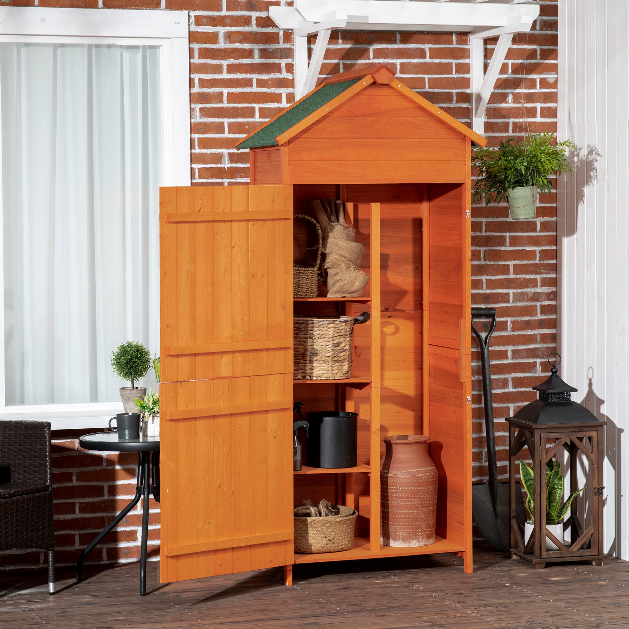 Wooden Garden Shed with 2 Doors, Outdoor Tool Storage Cabinet with 3 Shelves, 84x52x188cm