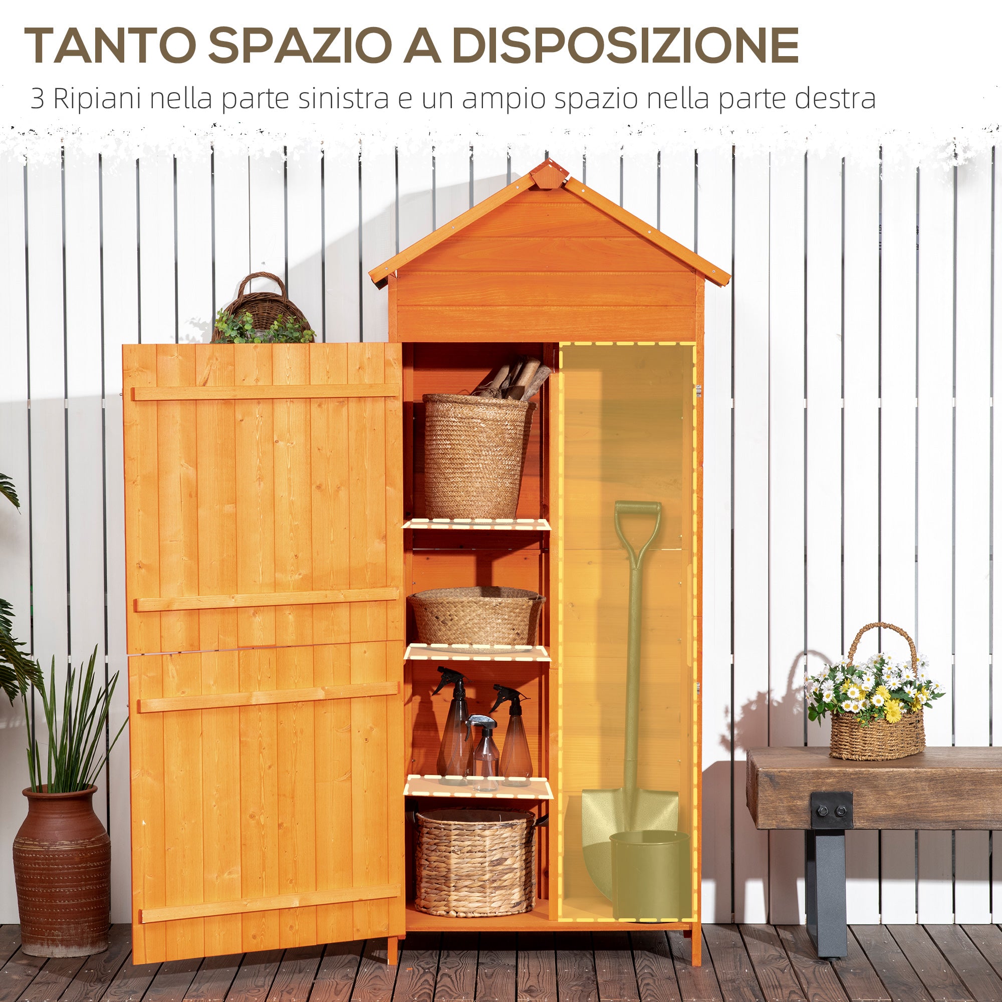 Wooden Garden Shed with 2 Doors, Outdoor Tool Storage Cabinet with 3 Shelves, 84x52x188cm