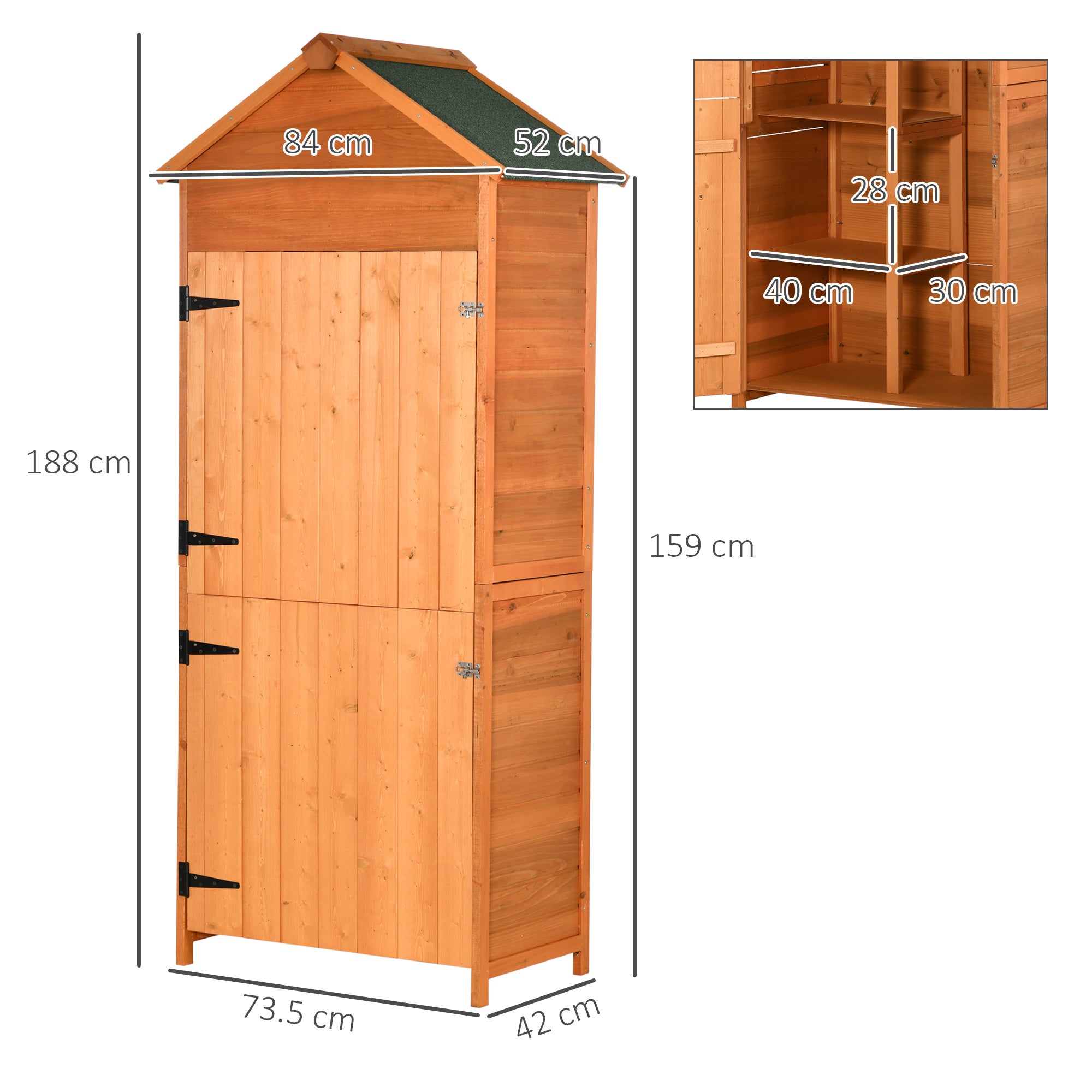Wooden Garden Shed with 2 Doors, Outdoor Tool Storage Cabinet with 3 Shelves, 84x52x188cm