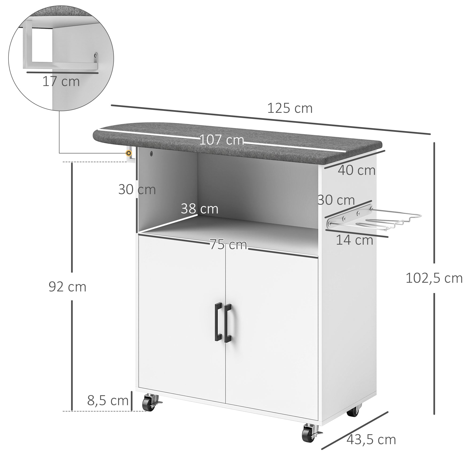 Ironing Cabinet with Wheels Ironing Cabinet with Clothes Hanging Bar Open Shelf and Ironing Board 125x43.5x102.5 cm White