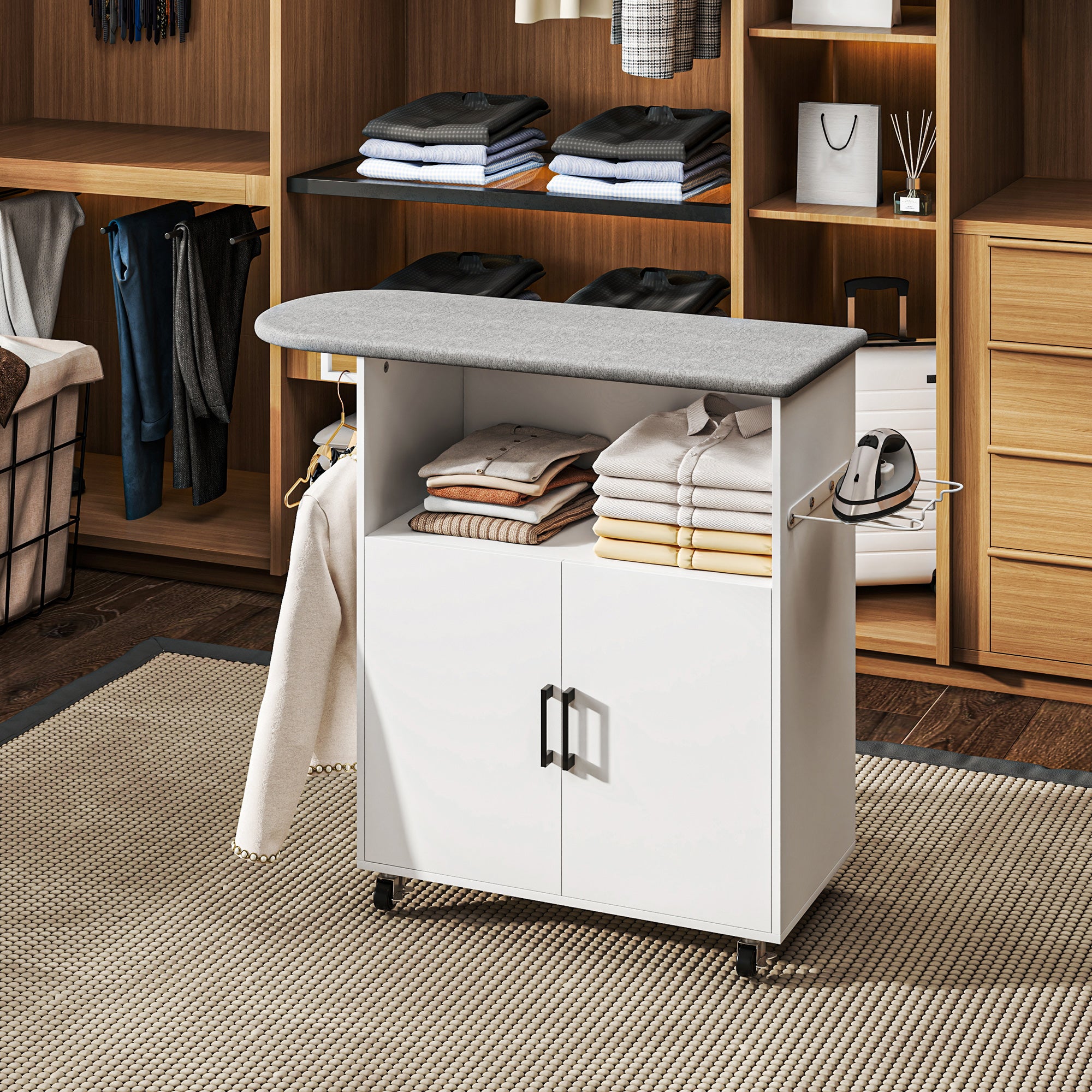Ironing Cabinet with Wheels Ironing Cabinet with Clothes Hanging Bar Open Shelf and Ironing Board 125x43.5x102.5 cm White