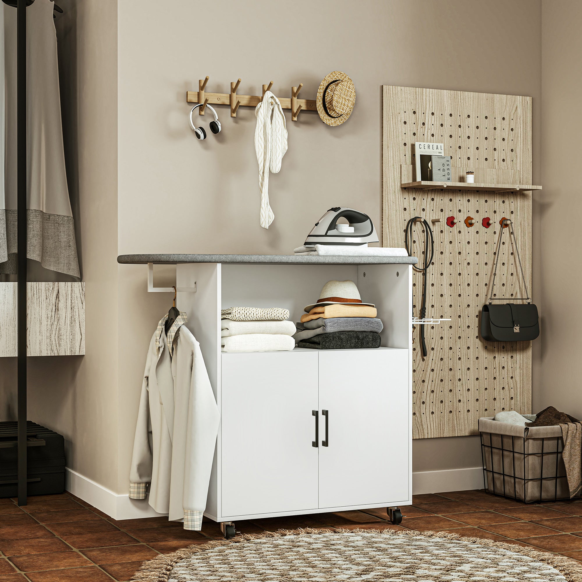 Ironing Cabinet with Wheels Ironing Cabinet with Clothes Hanging Bar Open Shelf and Ironing Board 125x43.5x102.5 cm White