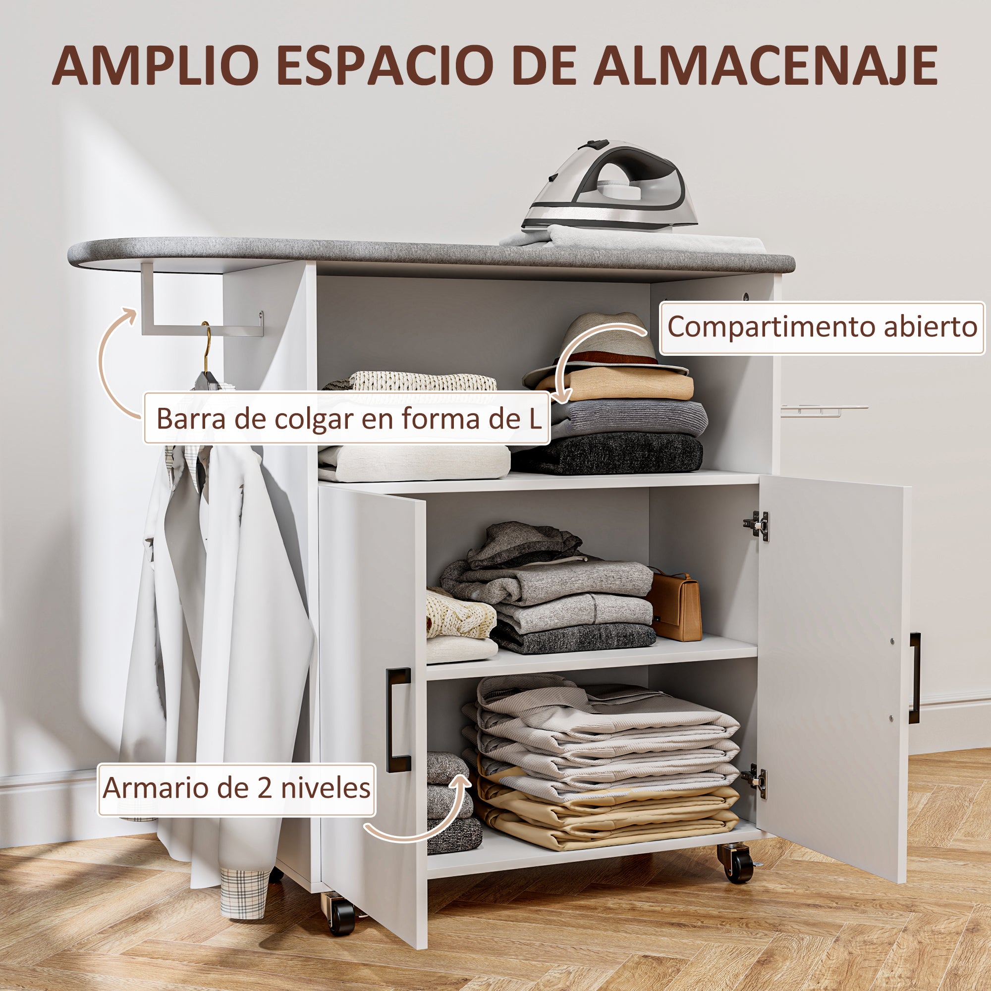 Ironing Cabinet with Wheels Ironing Cabinet with Clothes Hanging Bar Open Shelf and Ironing Board 125x43.5x102.5 cm White
