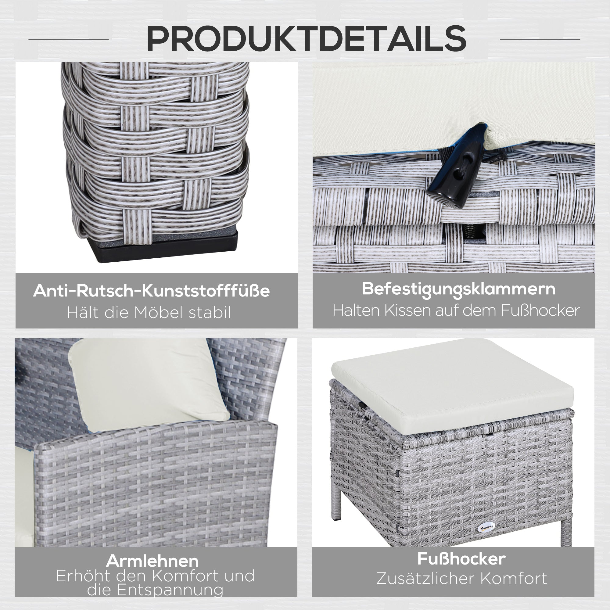 5-pc Garden Furniture Set, Rattan Seating Group with Footstool, Metal, Gray, 134 x 60 x 75 cm