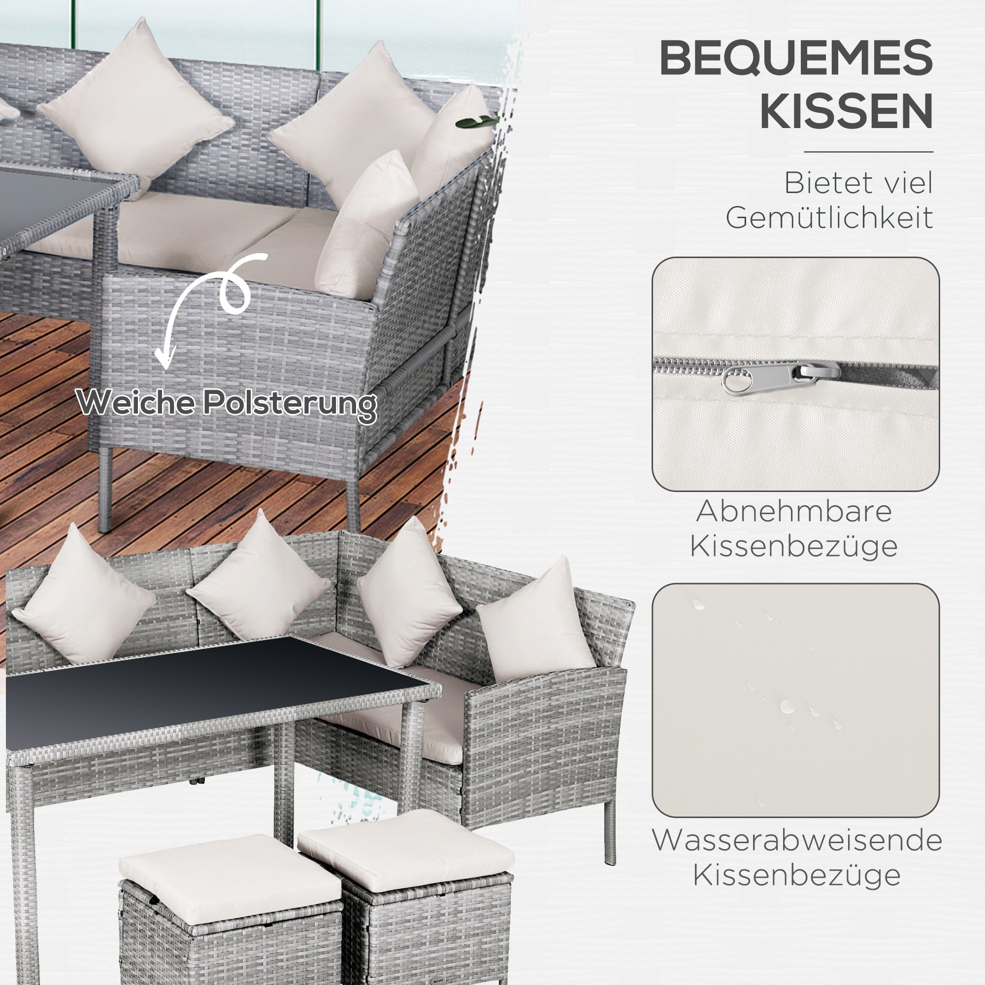 5-pc Garden Furniture Set, Rattan Seating Group with Footstool, Metal, Gray, 134 x 60 x 75 cm