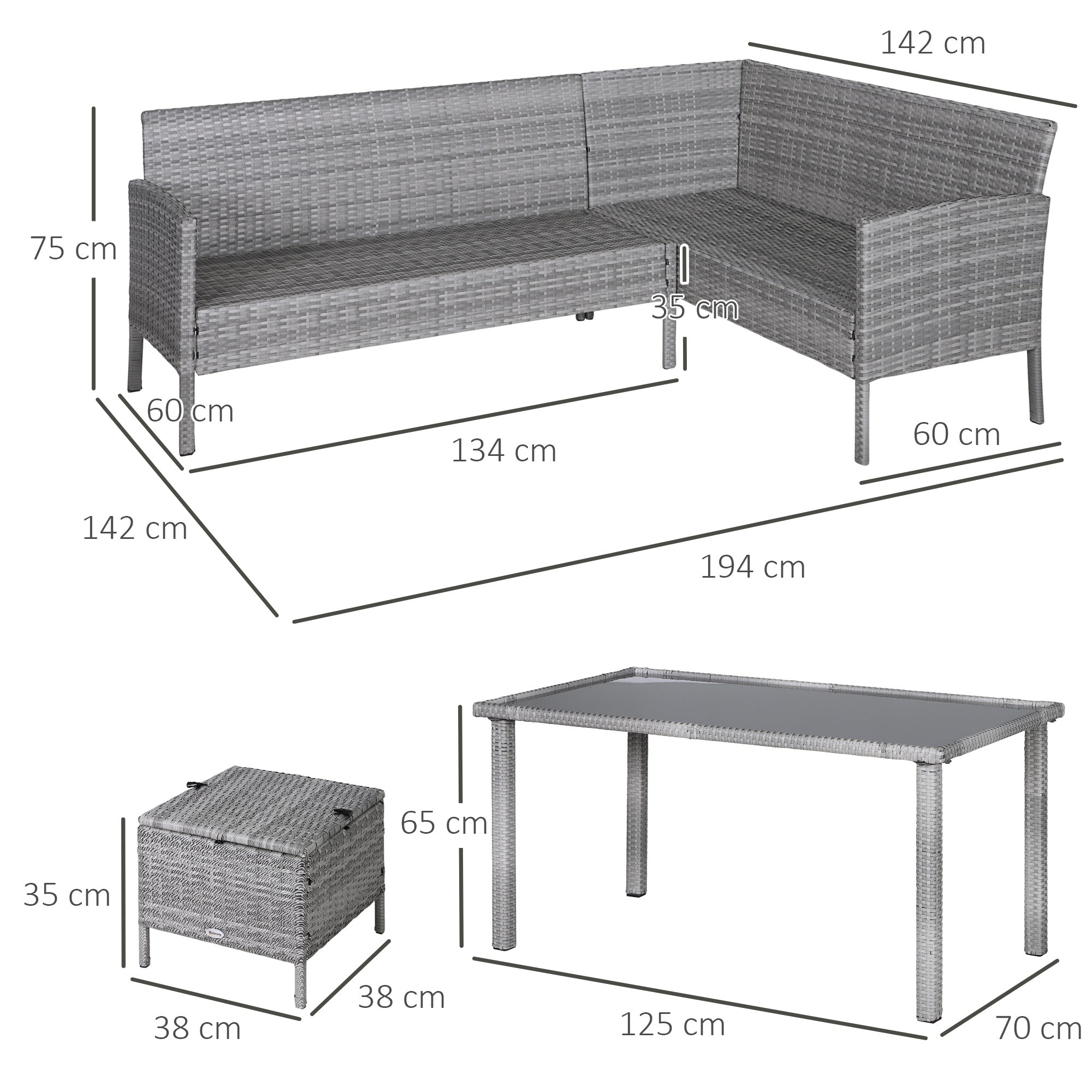 5-pc Garden Furniture Set, Rattan Seating Group with Footstool, Metal, Gray, 134 x 60 x 75 cm