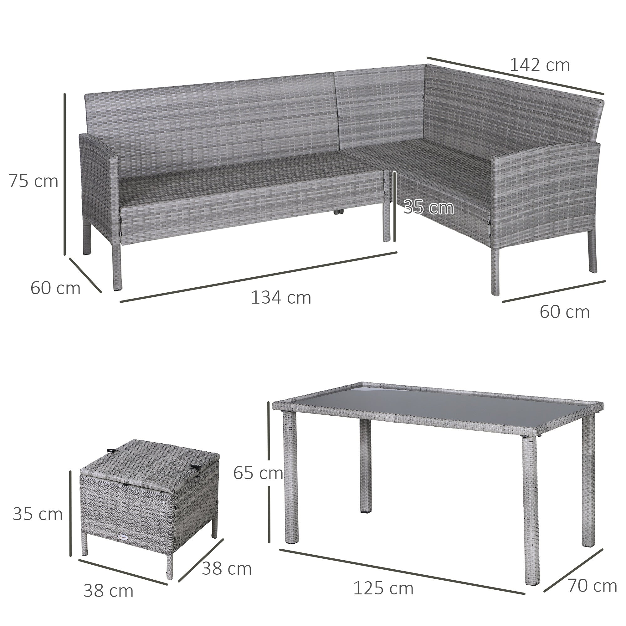 5-pc Garden Furniture Set, Rattan Seating Group with Footstool, Metal, Gray, 134 x 60 x 75 cm