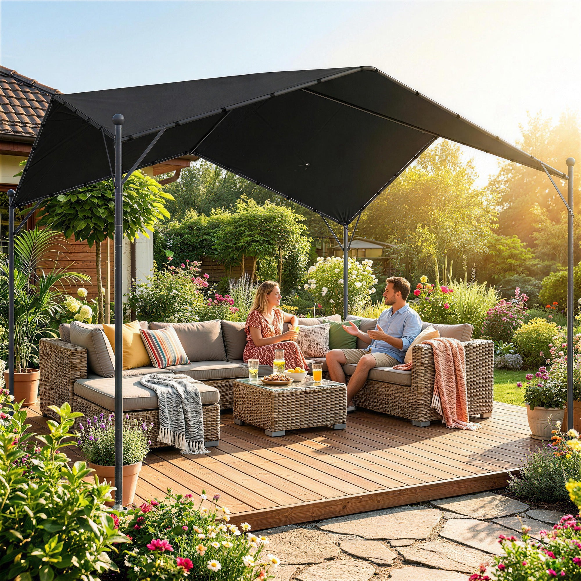 3 x 3 m (10 x 10 ft) Garden Pergola — Sloped Canopy, UPF30+ Polyester Top, Galvanized Metal Frame, Outdoor Pavilion, Patio, Dark Gray