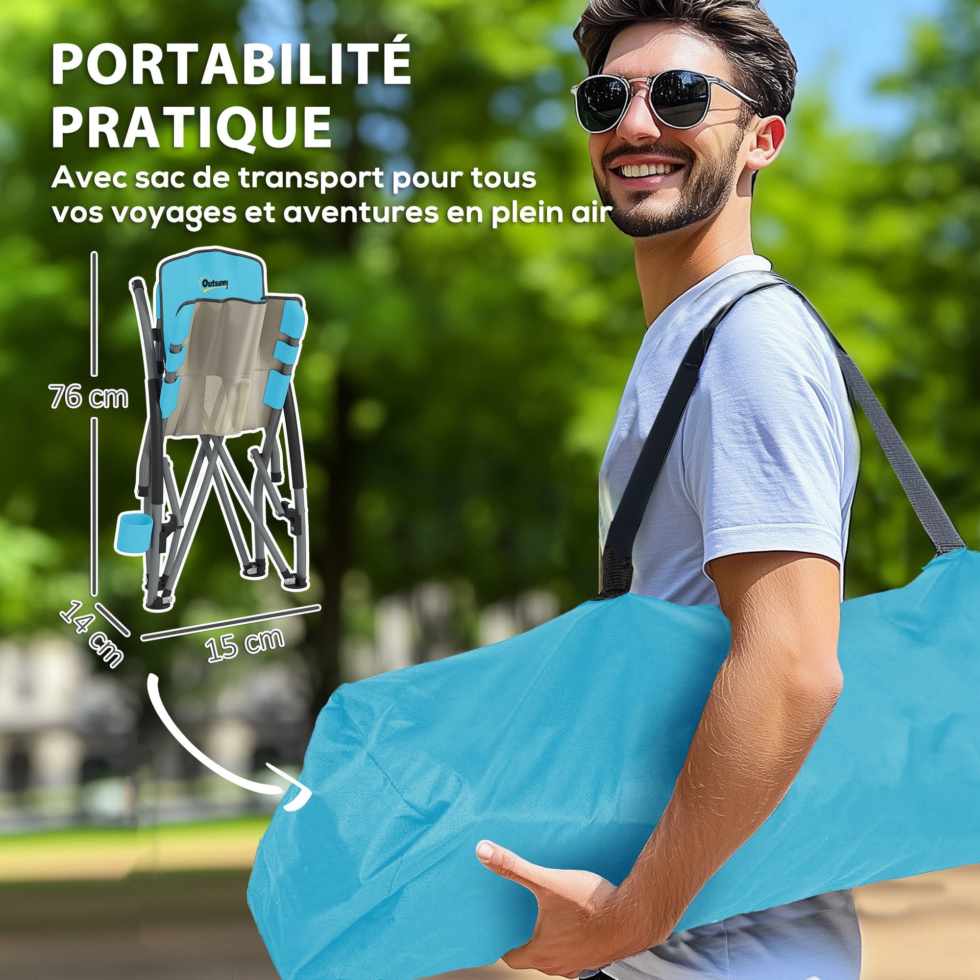 Set of 2 folding beach chairs, lightweight camping chairs 2.2 kg, with mesh backrest, carrying bag, and cup holder for garden, picnic, festival, travel, blue