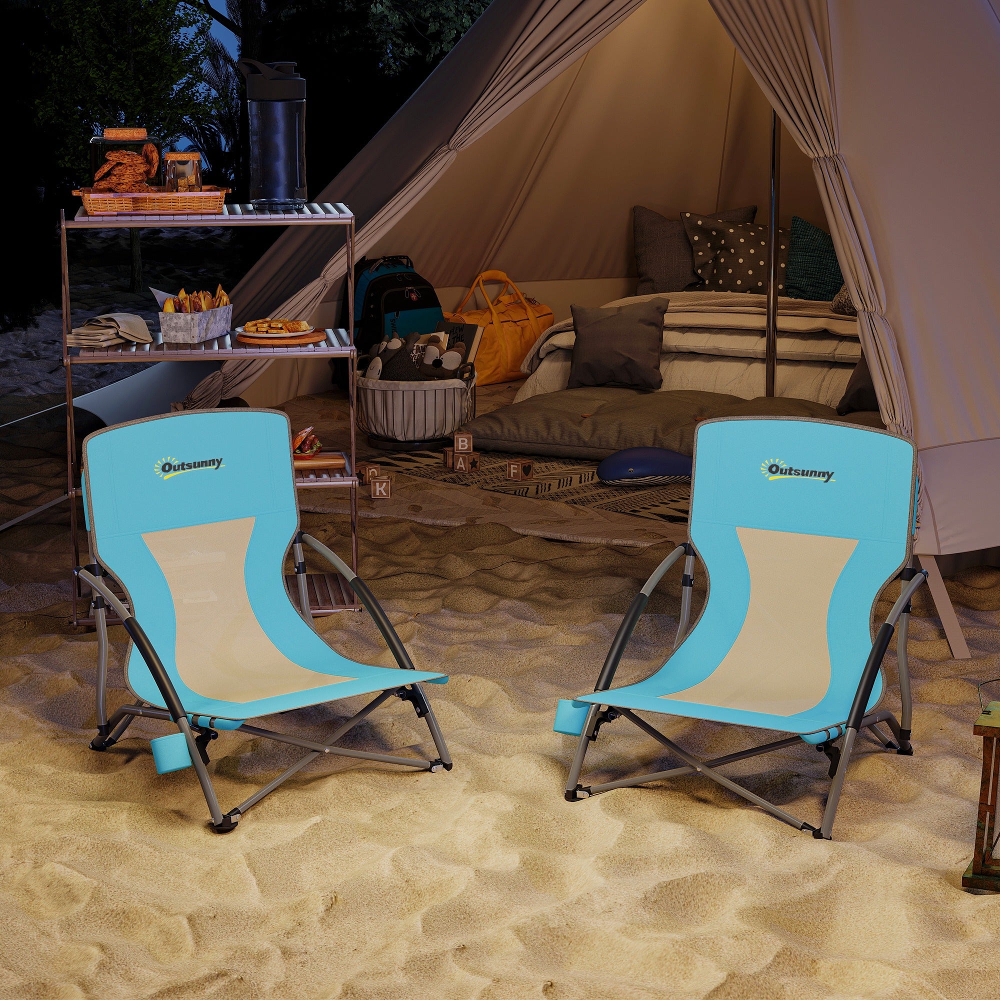 Set of 2 folding beach chairs, lightweight camping chairs 2.2 kg, with mesh backrest, carrying bag, and cup holder for garden, picnic, festival, travel, blue