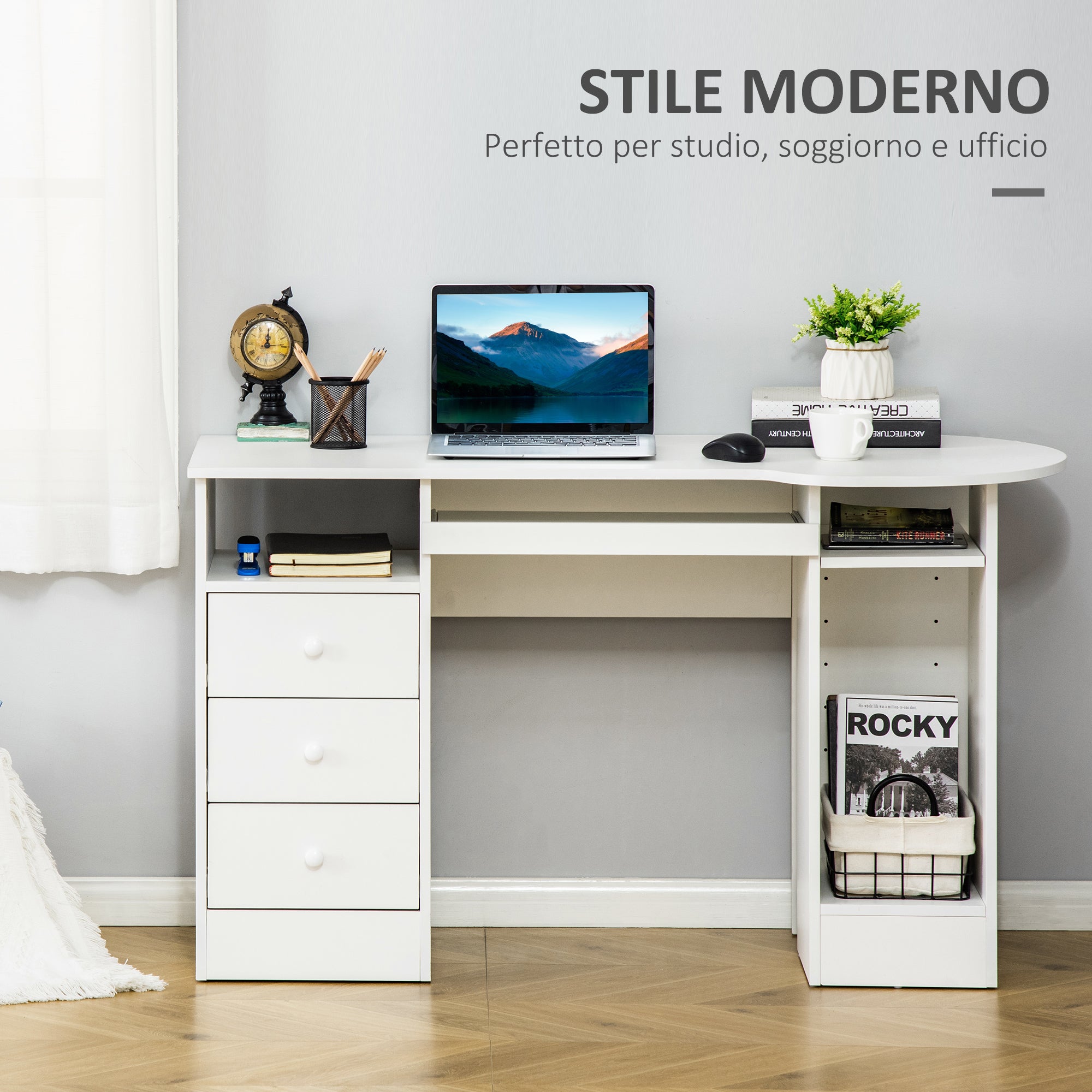 PC Desk for Office with Shelves, Desk for Children's Room with Drawers and Wooden Shelf Headboard, Computer Desk, Wood Color