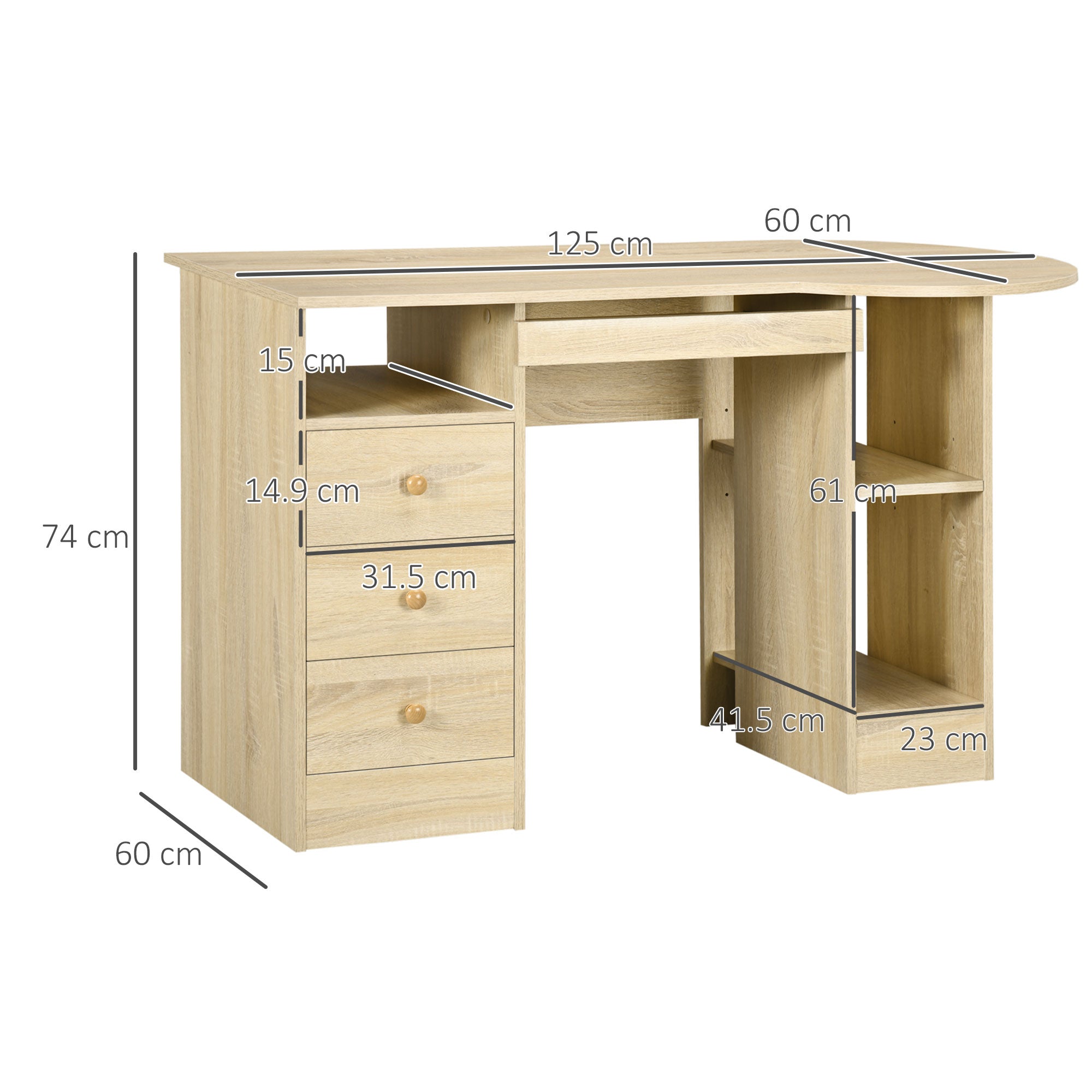 PC Desk for Office with Shelves, Desk for Children's Room with Drawers and Wooden Shelf Headboard, Computer Desk, Wood Color