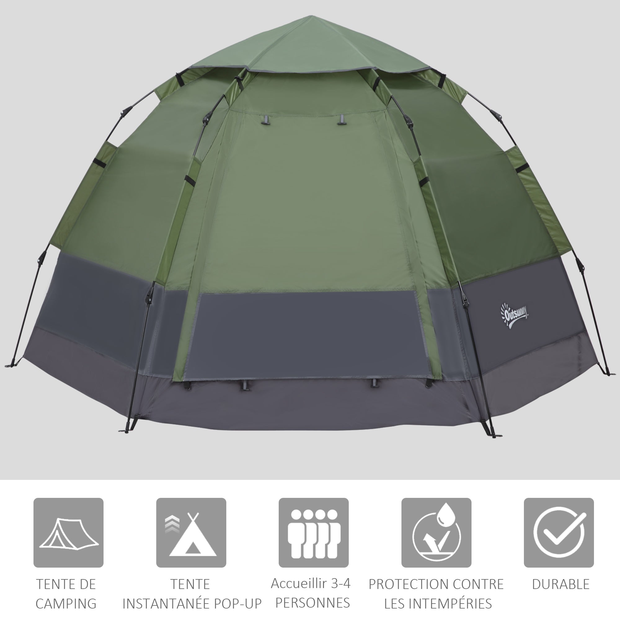 Pop Up Camping Tent 3-4 Person Dome Tent Waterproof Lightweight Ventilated Easy to Assemble 2 Large Doors 2.6L x 2.6W x 1.5H m Fiberglass Polyester Oxford Green Gray