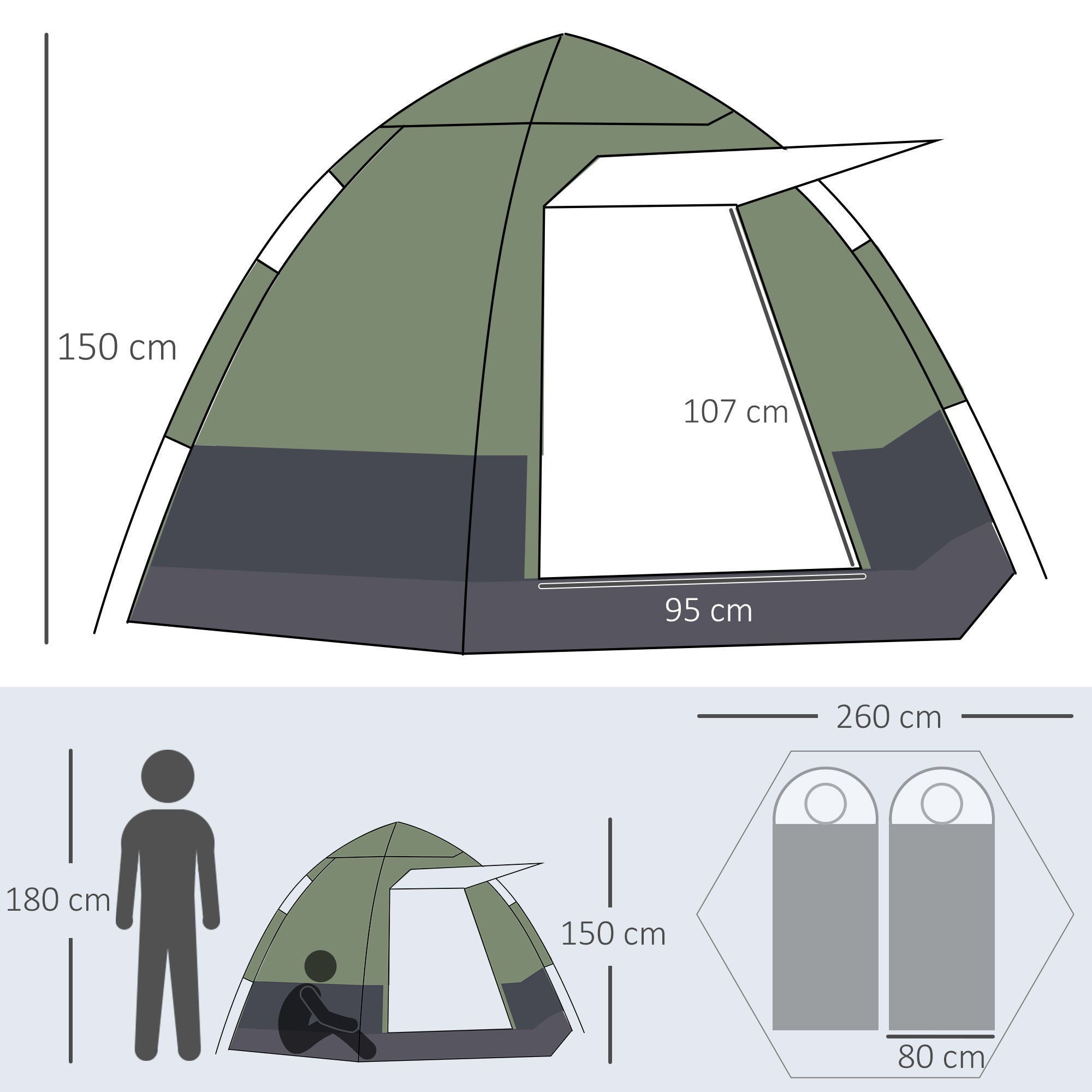 Pop Up Camping Tent 3-4 Person Dome Tent Waterproof Lightweight Ventilated Easy to Assemble 2 Large Doors 2.6L x 2.6W x 1.5H m Fiberglass Polyester Oxford Green Gray