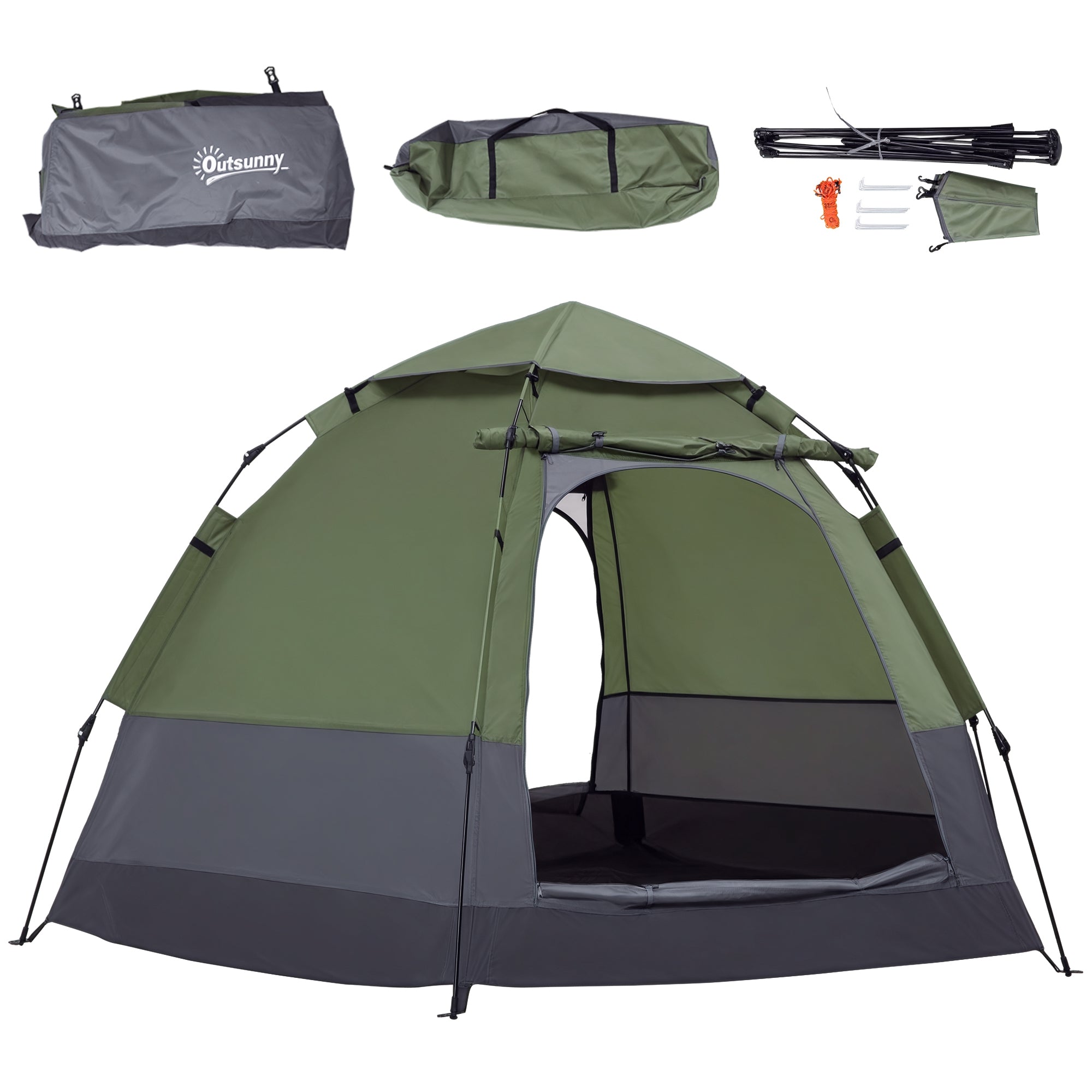 Pop Up Camping Tent 3-4 Person Dome Tent Waterproof Lightweight Ventilated Easy to Assemble 2 Large Doors 2.6L x 2.6W x 1.5H m Fiberglass Polyester Oxford Green Gray