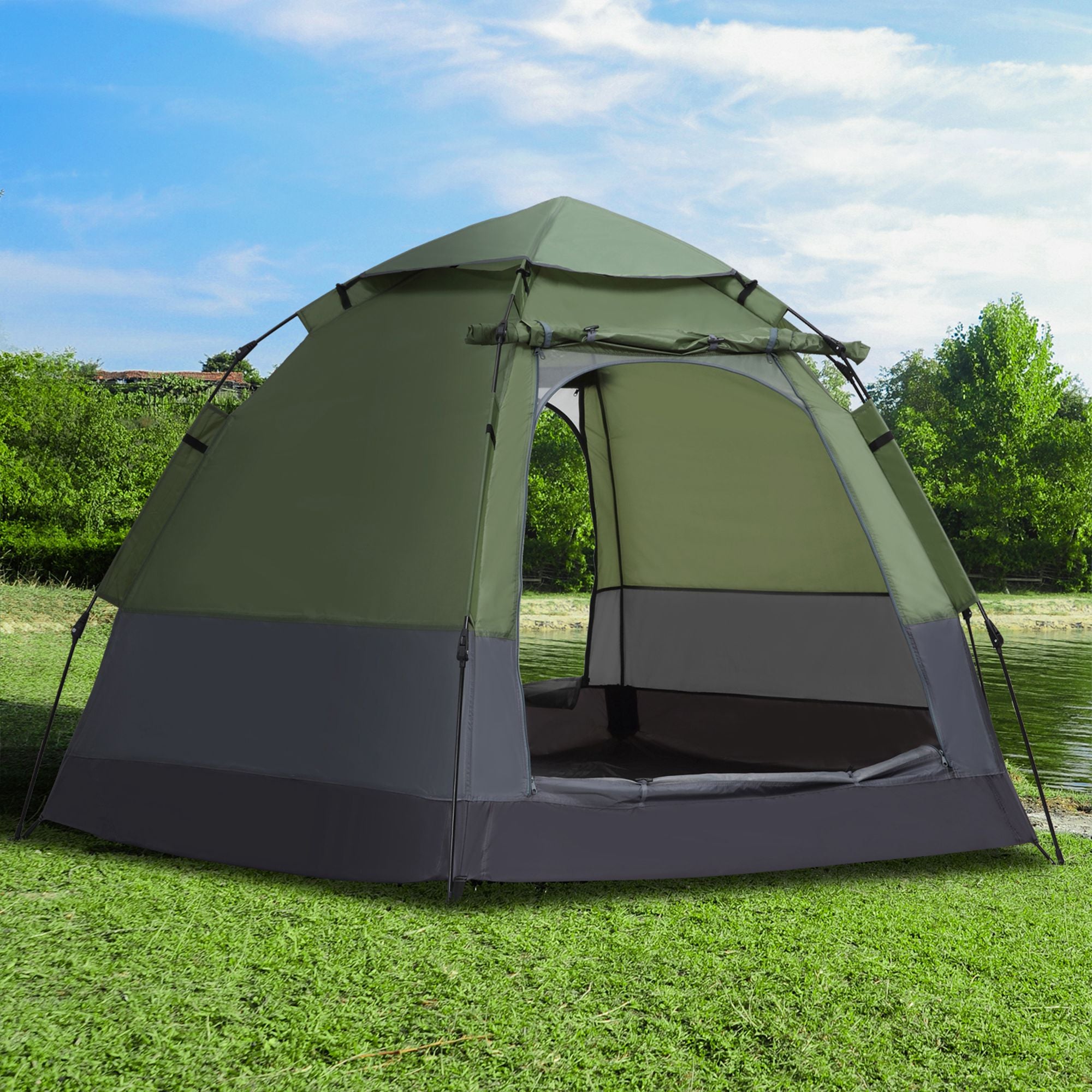 Pop Up Camping Tent 3-4 Person Dome Tent Waterproof Lightweight Ventilated Easy to Assemble 2 Large Doors 2.6L x 2.6W x 1.5H m Fiberglass Polyester Oxford Green Gray