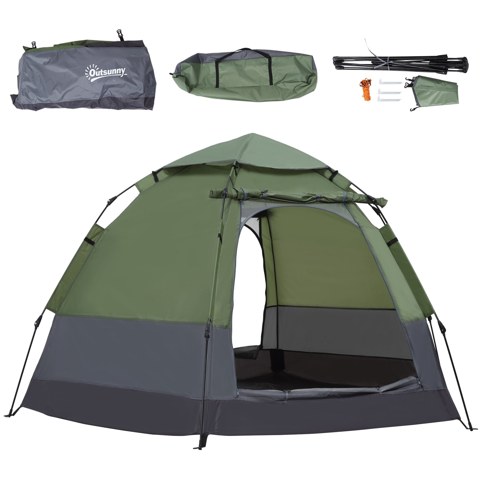 Pop Up Camping Tent 3-4 Person Dome Tent Waterproof Lightweight Ventilated Easy to Assemble 2 Large Doors 2.6L x 2.6W x 1.5H m Fiberglass Polyester Oxford Green Gray