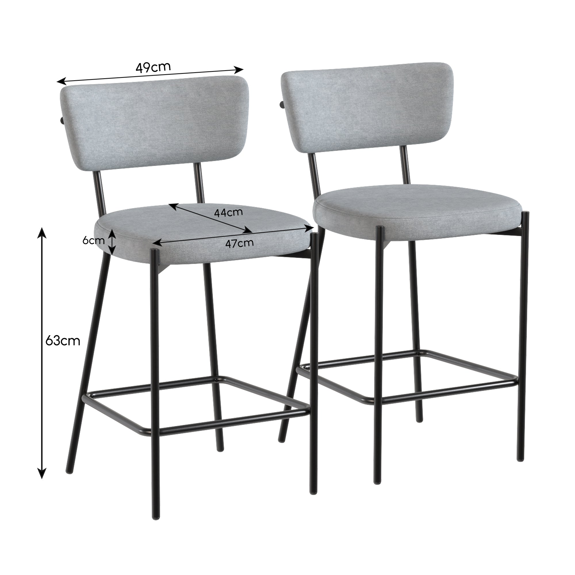 Set of 2 Upholstered Bar Stools — 24.8" Seat Height, Curved Back & Footrest, Metal Legs, Linen-Look Fabric, Light Gray
