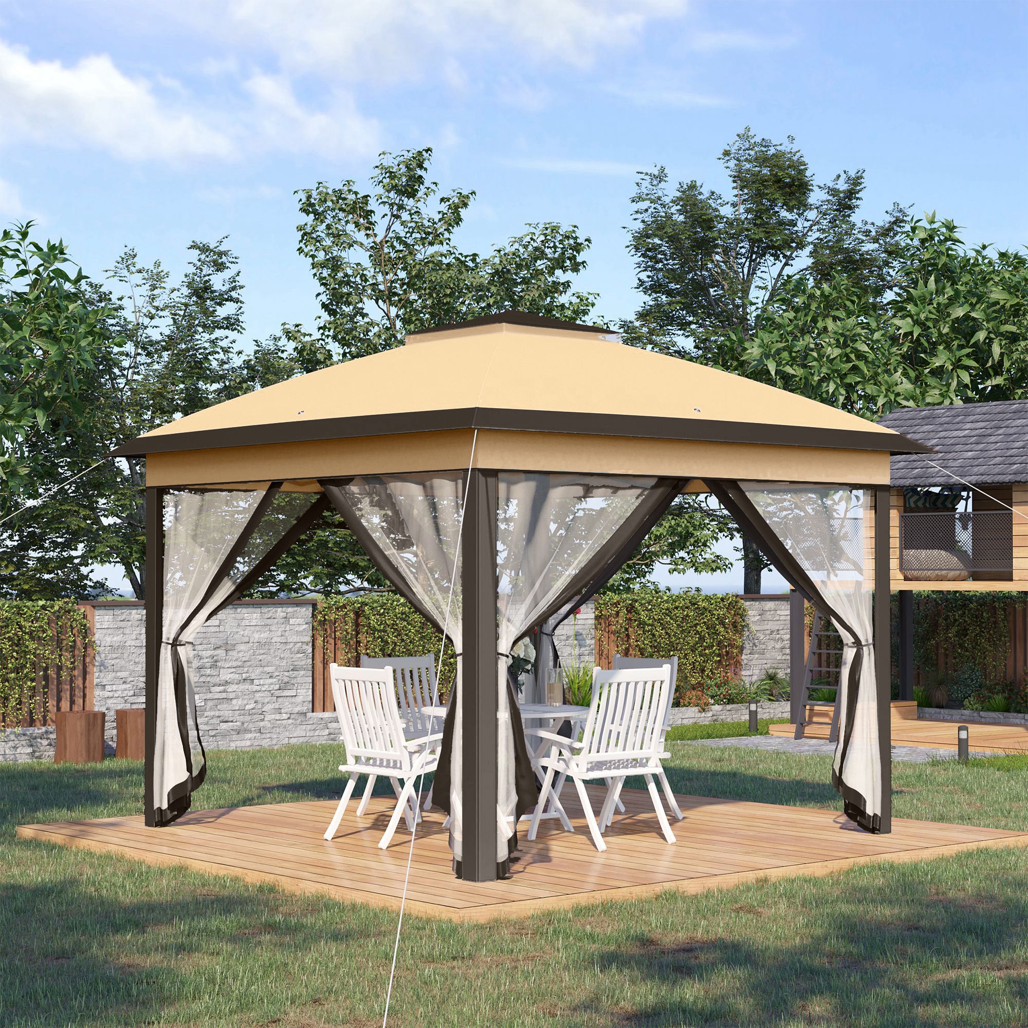 Pavilion 3.3x3.3m, Waterproof Winterproof Pop-Up Folding Pavilion with Double Roof, UV Protection, Foldable Party Tent Garden Tent with Side Panels, Bag Garden Pavilion for Camping Garden, Beige