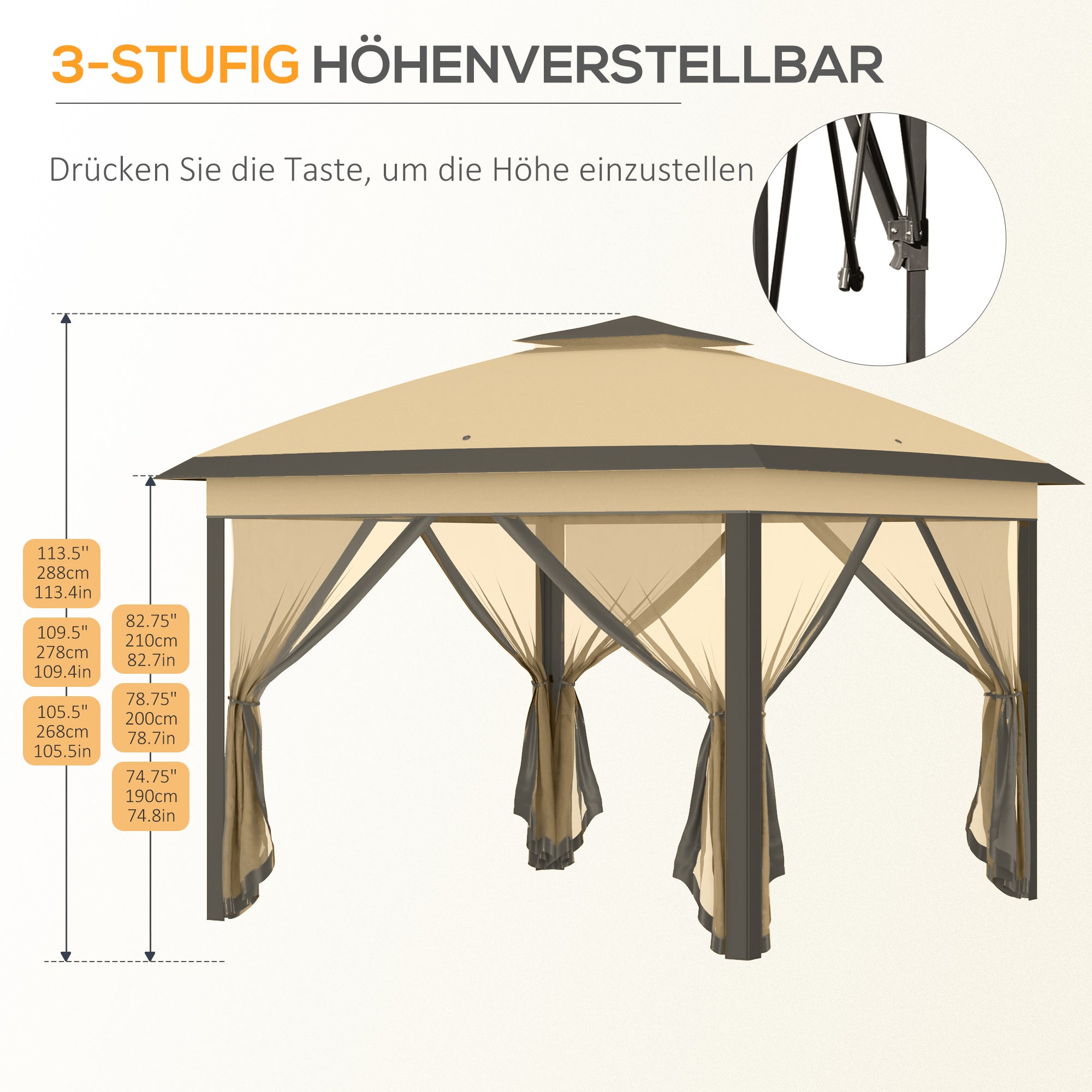 Pavilion 3.3x3.3m, Waterproof Winterproof Pop-Up Folding Pavilion with Double Roof, UV Protection, Foldable Party Tent Garden Tent with Side Panels, Bag Garden Pavilion for Camping Garden, Beige