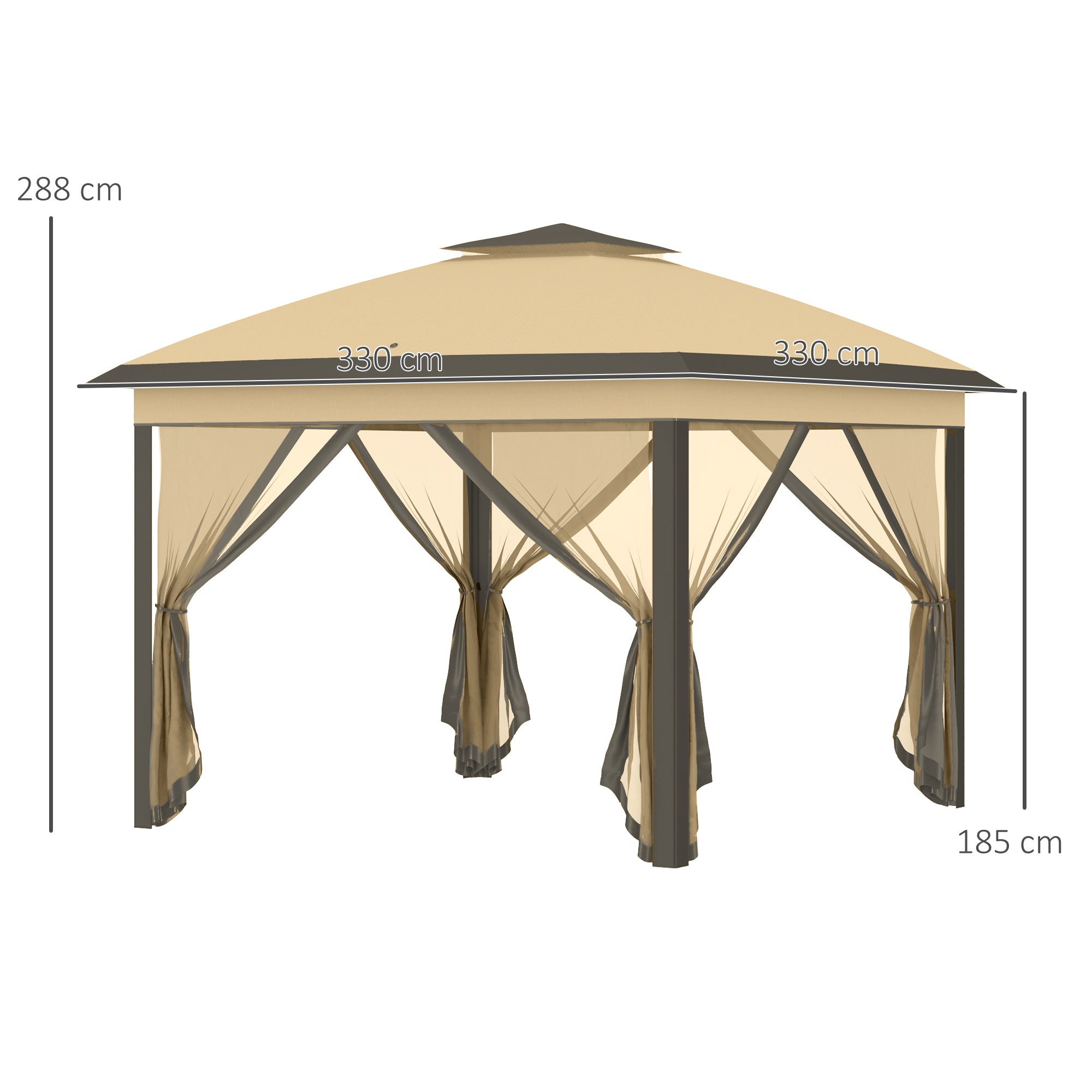 Pavilion 3.3x3.3m, Waterproof Winterproof Pop-Up Folding Pavilion with Double Roof, UV Protection, Foldable Party Tent Garden Tent with Side Panels, Bag Garden Pavilion for Camping Garden, Beige