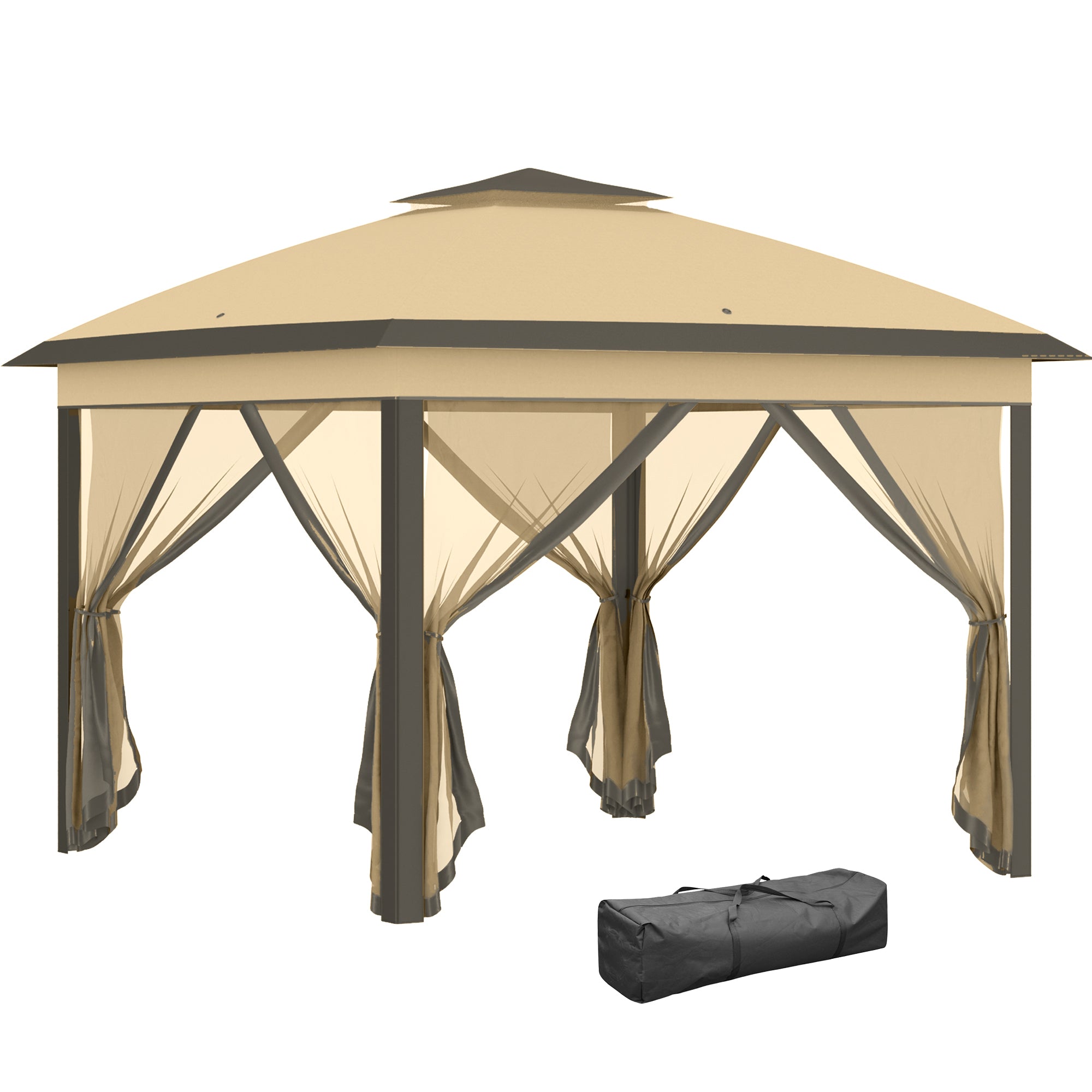 Pavilion 3.3x3.3m, Waterproof Winterproof Pop-Up Folding Pavilion with Double Roof, UV Protection, Foldable Party Tent Garden Tent with Side Panels, Bag Garden Pavilion for Camping Garden, Beige