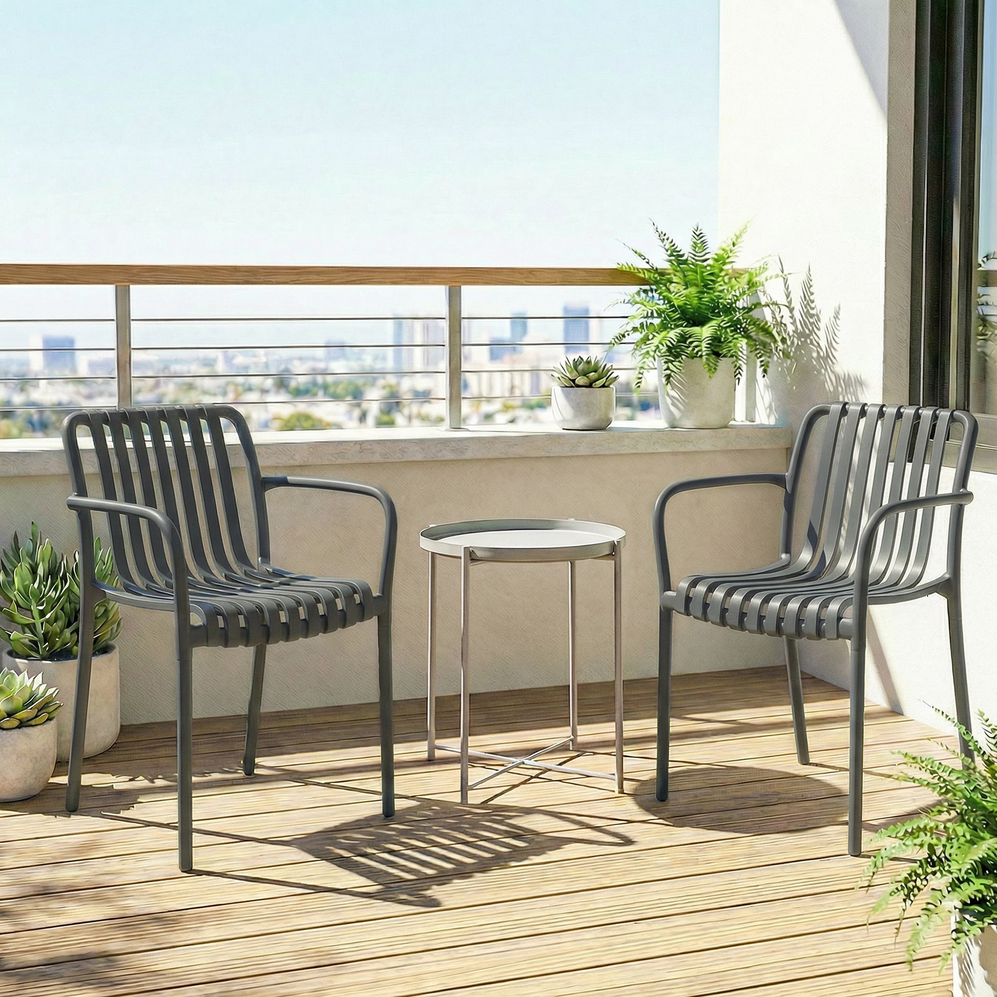 4-Piece Stackable Patio Chairs – Slatted Design with Armrests, Ergonomic Outdoor Dining Chairs for Garden & Balcony, 265 lb Capacity, Dark Gray