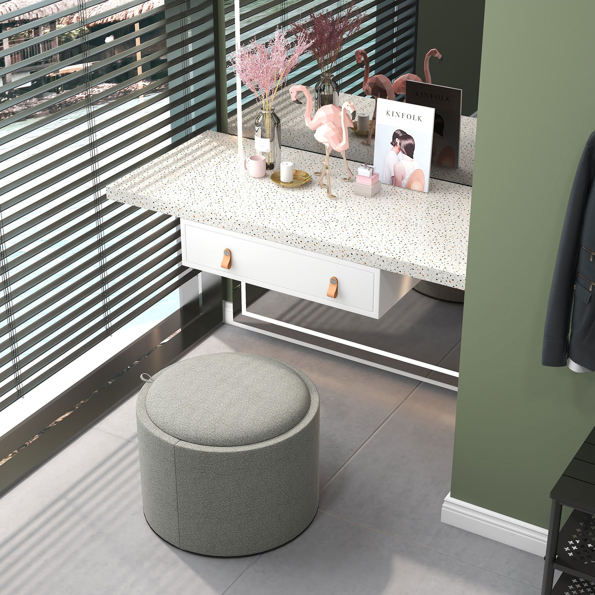 Storage Ottoman with Seat Cushion Ottoman with Flip Cover, Round Footstool Seat Cube Storage Box Upholstered Ottoman, Linen-Look 56 x 42 x 42 cm Gray