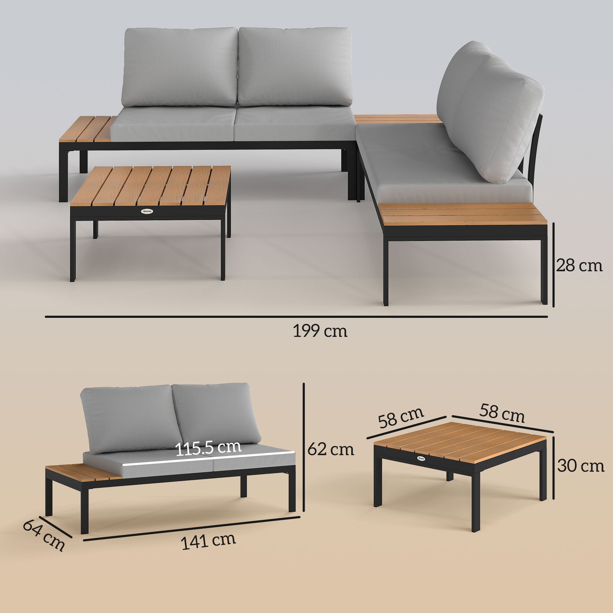4-Piece Garden Lounge Set, with 2 2-Seater Outdoor Loveseats and 2 Square Coffee Tables in Wood and Removable Cushions, Metal and Composite Wood Furniture Set, Teak