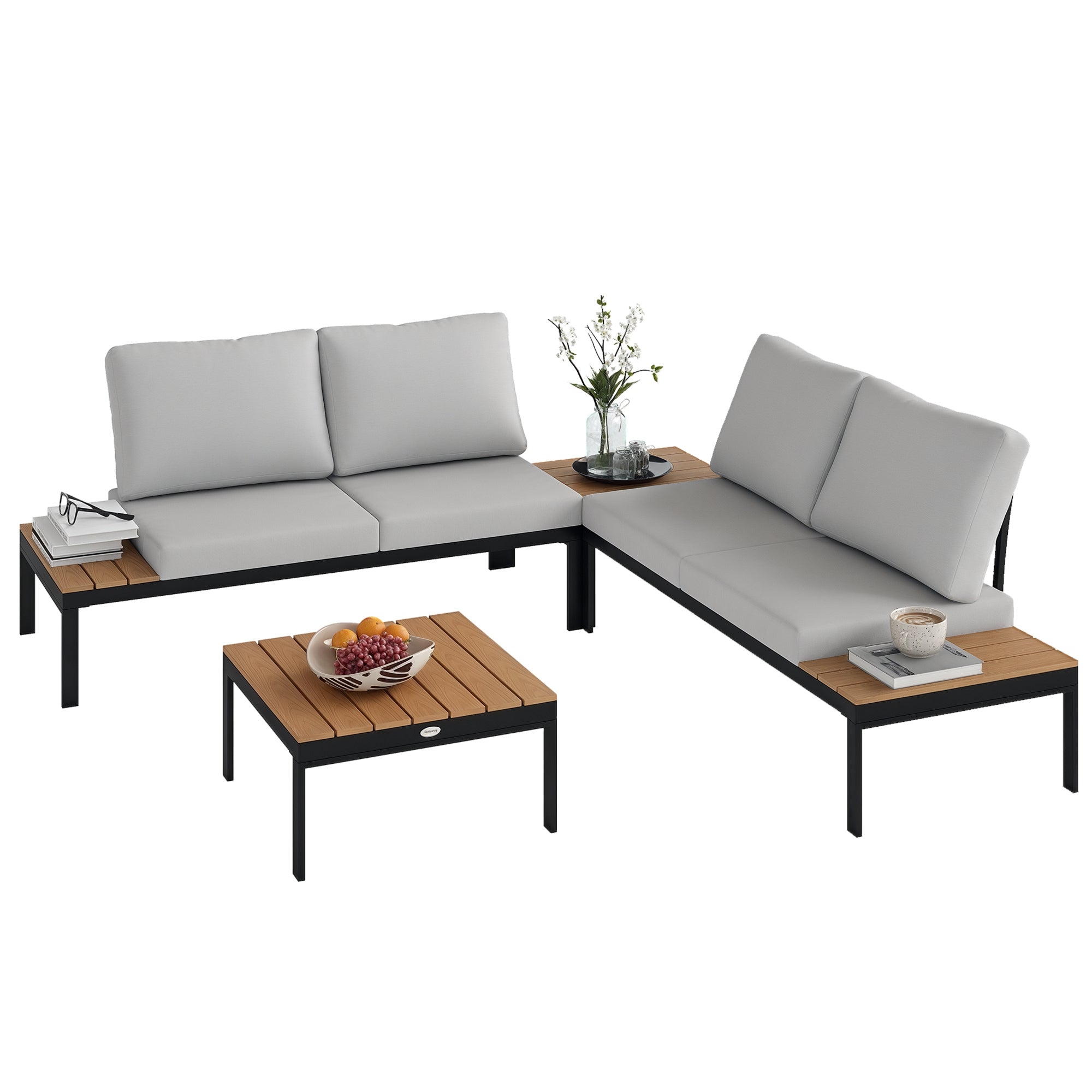 4-Piece Garden Lounge Set, with 2 2-Seater Outdoor Loveseats and 2 Square Coffee Tables in Wood and Removable Cushions, Metal and Composite Wood Furniture Set, Teak