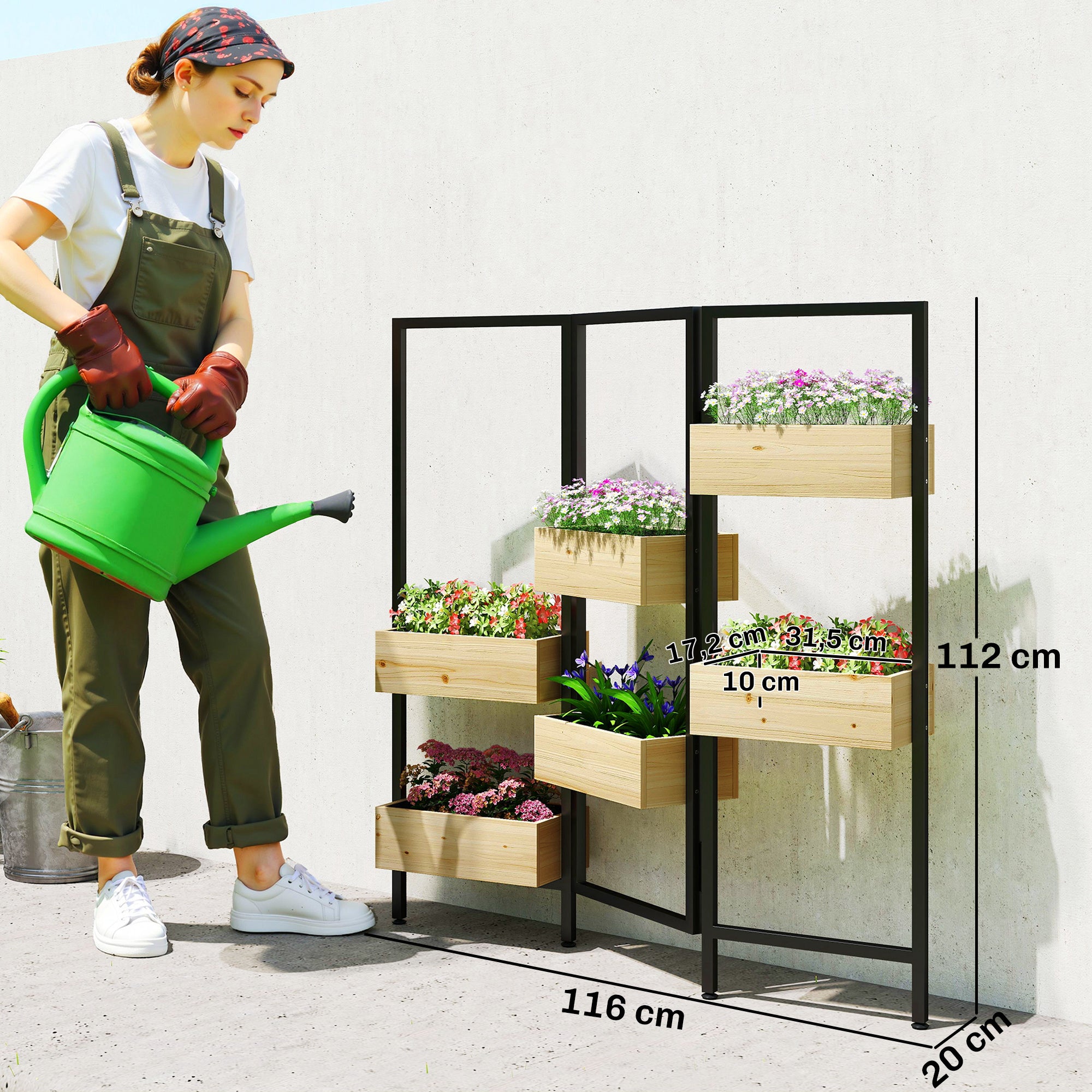 Foldable Vertical Planter & Trellis — 6 Wooden Planters with Drainage, Steel Room Divider for Patio, Balcony & Indoor (45.7 x 7.9 x 44.1 in)