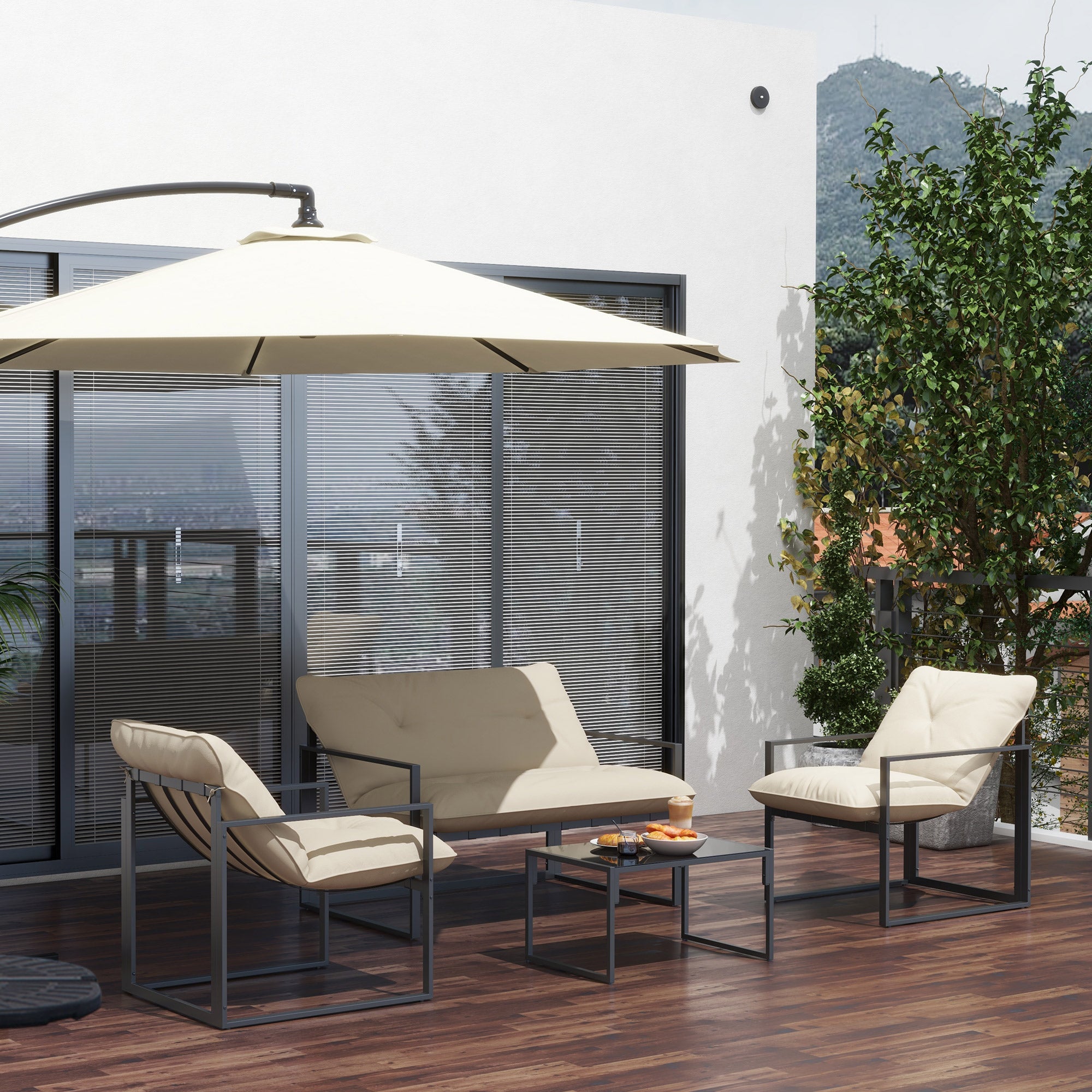 4-Piece Outdoor Garden Furniture Set for 4 People with 2-Seater Sofa, 2 Armchairs, and 1 Coffee Table 3 Thick Cushions Patio Furniture Set for Terrace Garden - Black Steel Beige Polyester