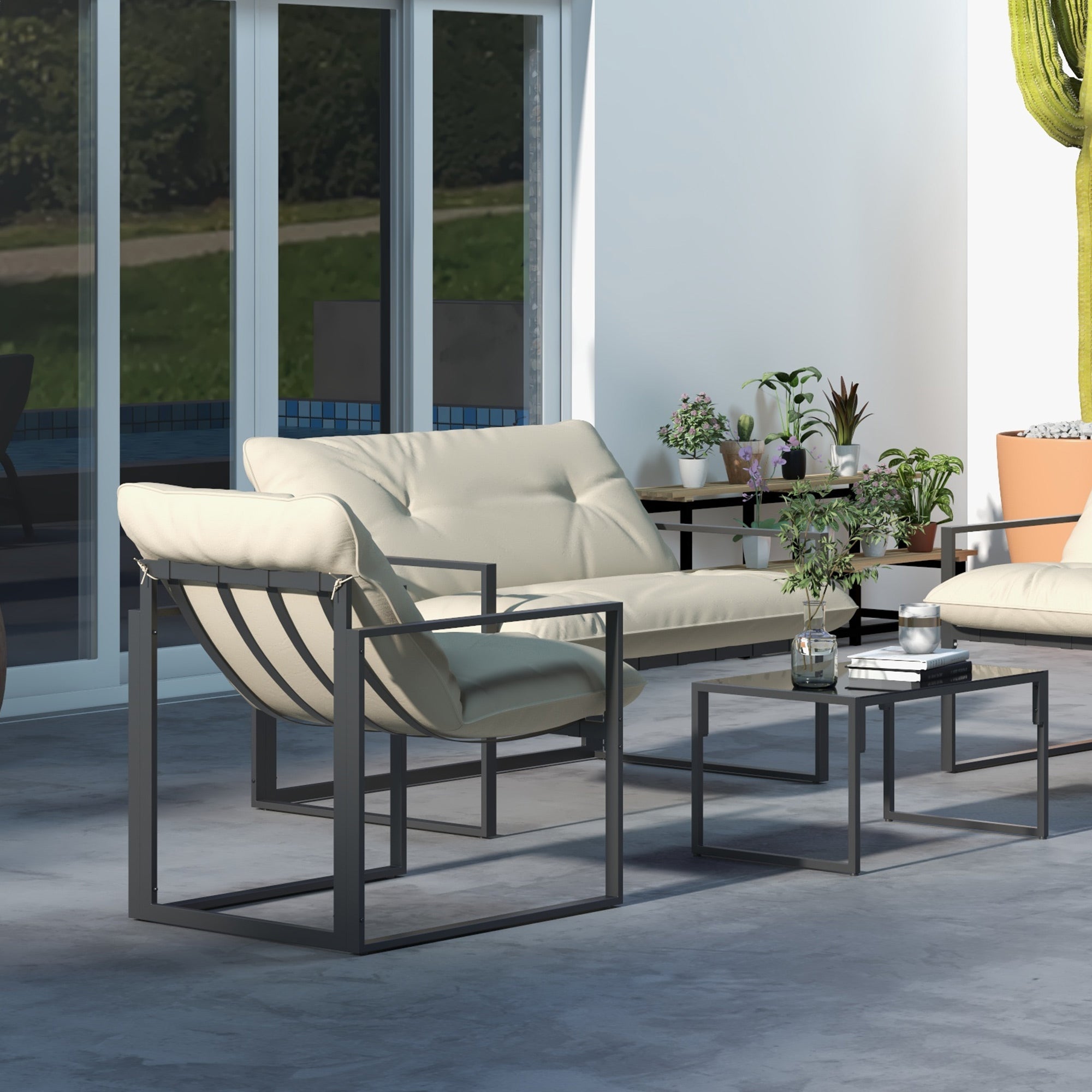 4-Piece Outdoor Garden Furniture Set for 4 People with 2-Seater Sofa, 2 Armchairs, and 1 Coffee Table 3 Thick Cushions Patio Furniture Set for Terrace Garden - Black Steel Beige Polyester