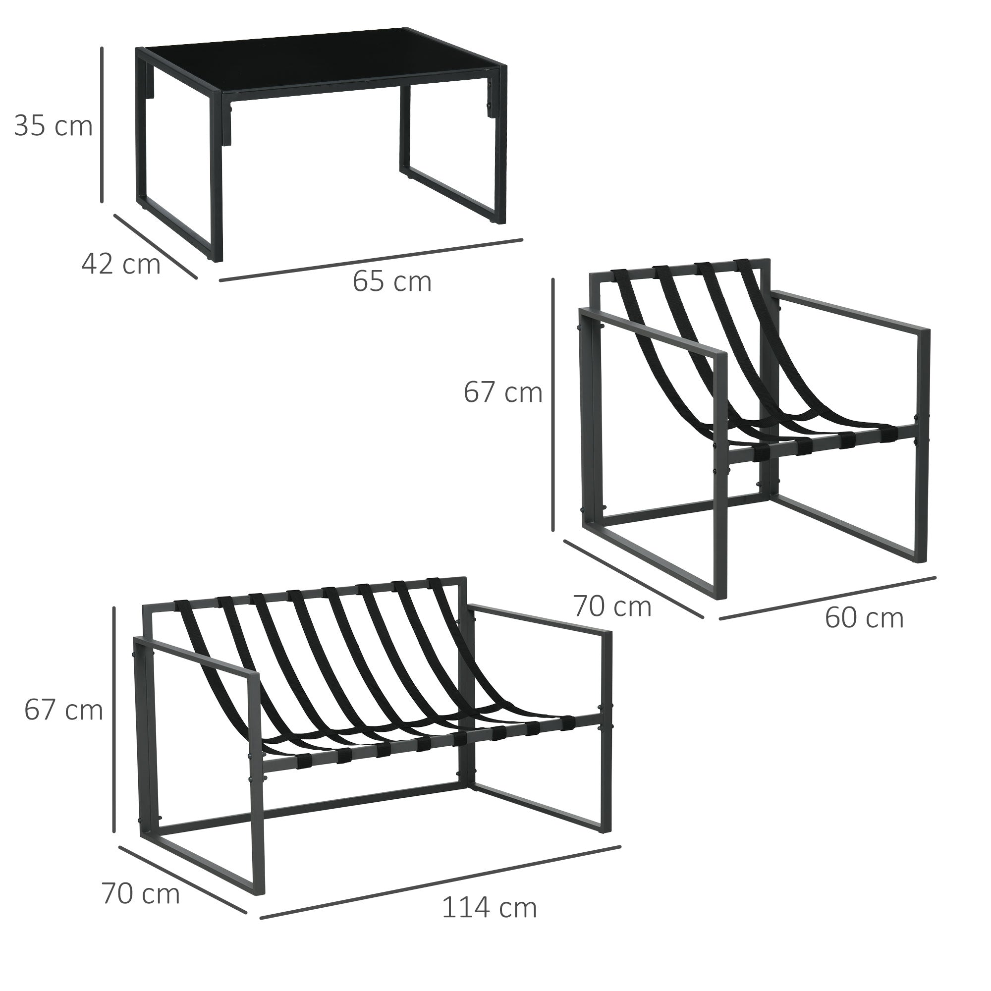 4-Piece Outdoor Garden Furniture Set for 4 People with 2-Seater Sofa, 2 Armchairs, and 1 Coffee Table 3 Thick Cushions Patio Furniture Set for Terrace Garden - Black Steel Beige Polyester