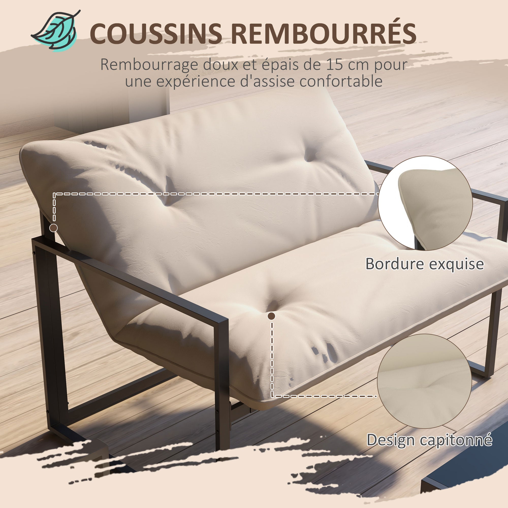 4-Piece Outdoor Garden Furniture Set for 4 People with 2-Seater Sofa, 2 Armchairs, and 1 Coffee Table 3 Thick Cushions Patio Furniture Set for Terrace Garden - Black Steel Beige Polyester