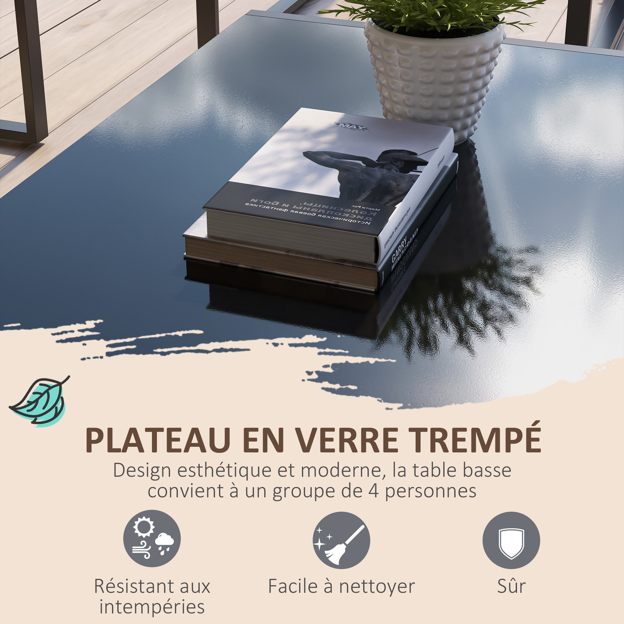 4-Piece Outdoor Garden Furniture Set for 4 People with 2-Seater Sofa, 2 Armchairs, and 1 Coffee Table 3 Thick Cushions Patio Furniture Set for Terrace Garden - Black Steel Beige Polyester