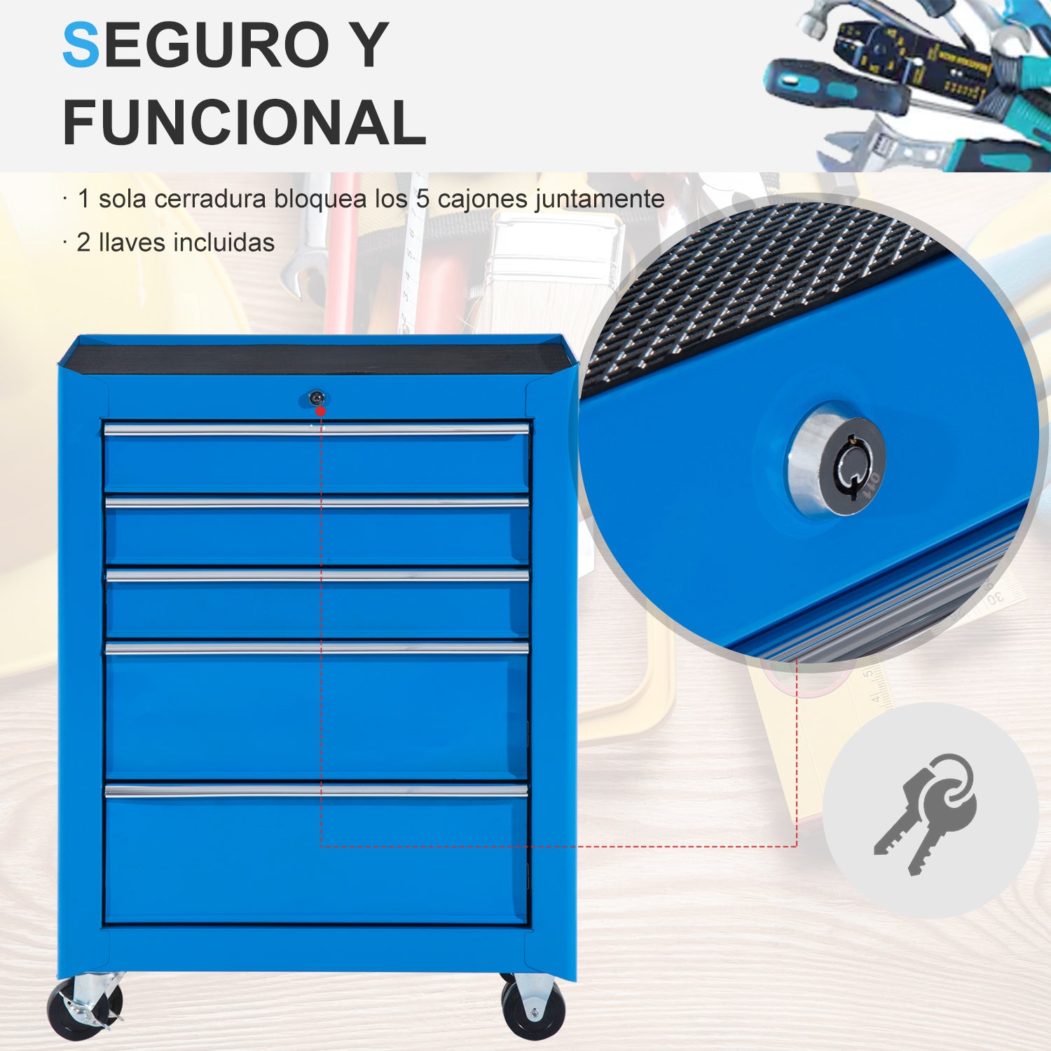 Mobile Tool Box Cart with 5 Drawers 4 Wheels Lockable Blue