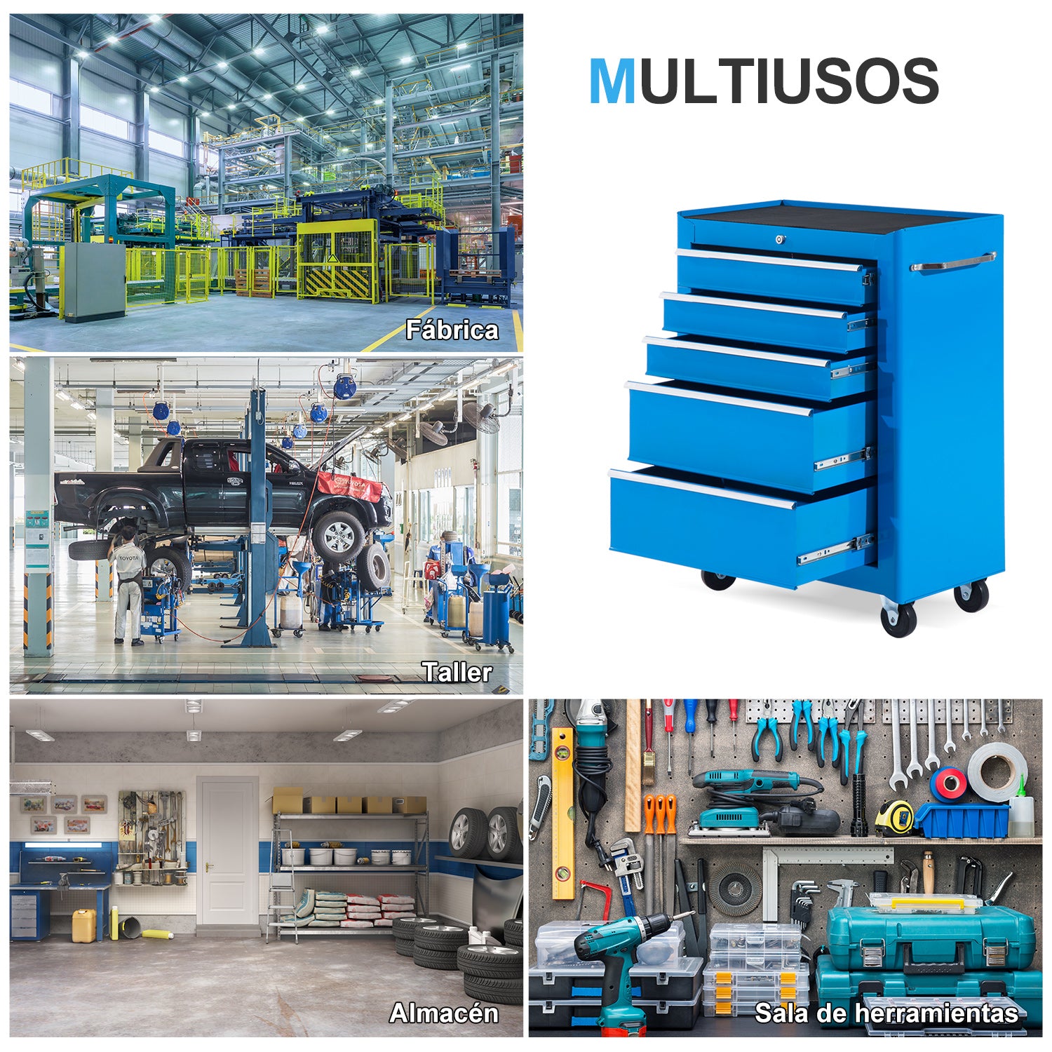 Mobile Tool Box Cart with 5 Drawers 4 Wheels Lockable Blue